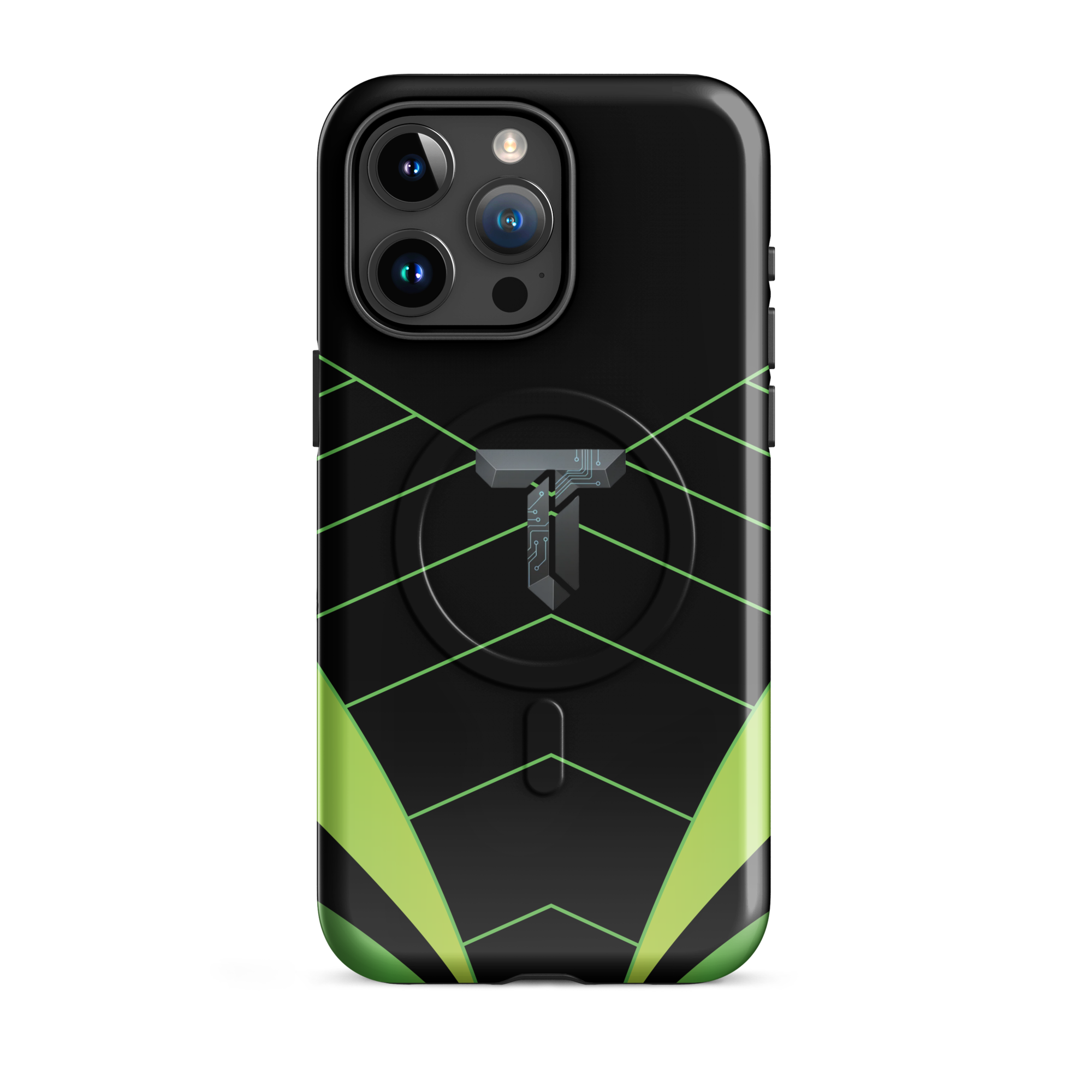 Coque iPhone MagSafe noire et verte motif géométrique protection renforcée