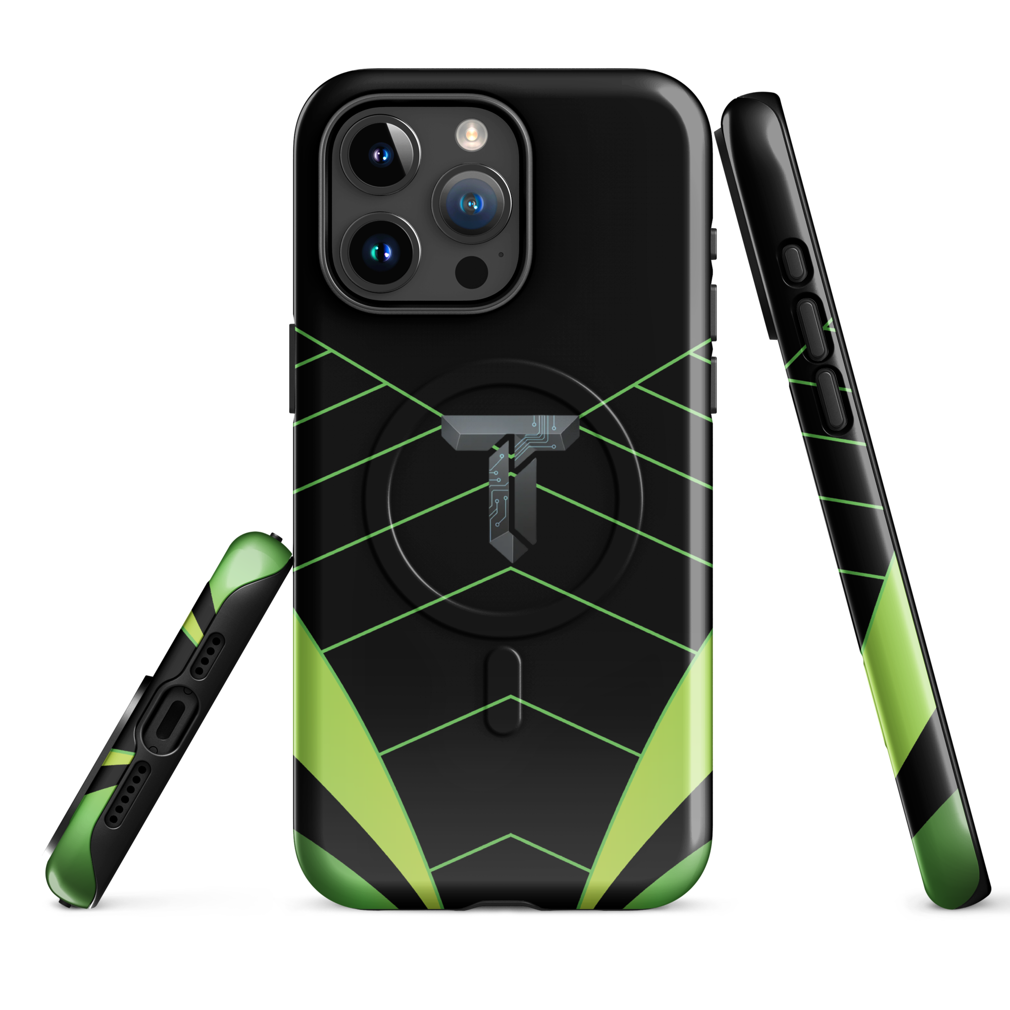 Coque iPhone MagSafe noire et verte motif géométrique protection renforcée