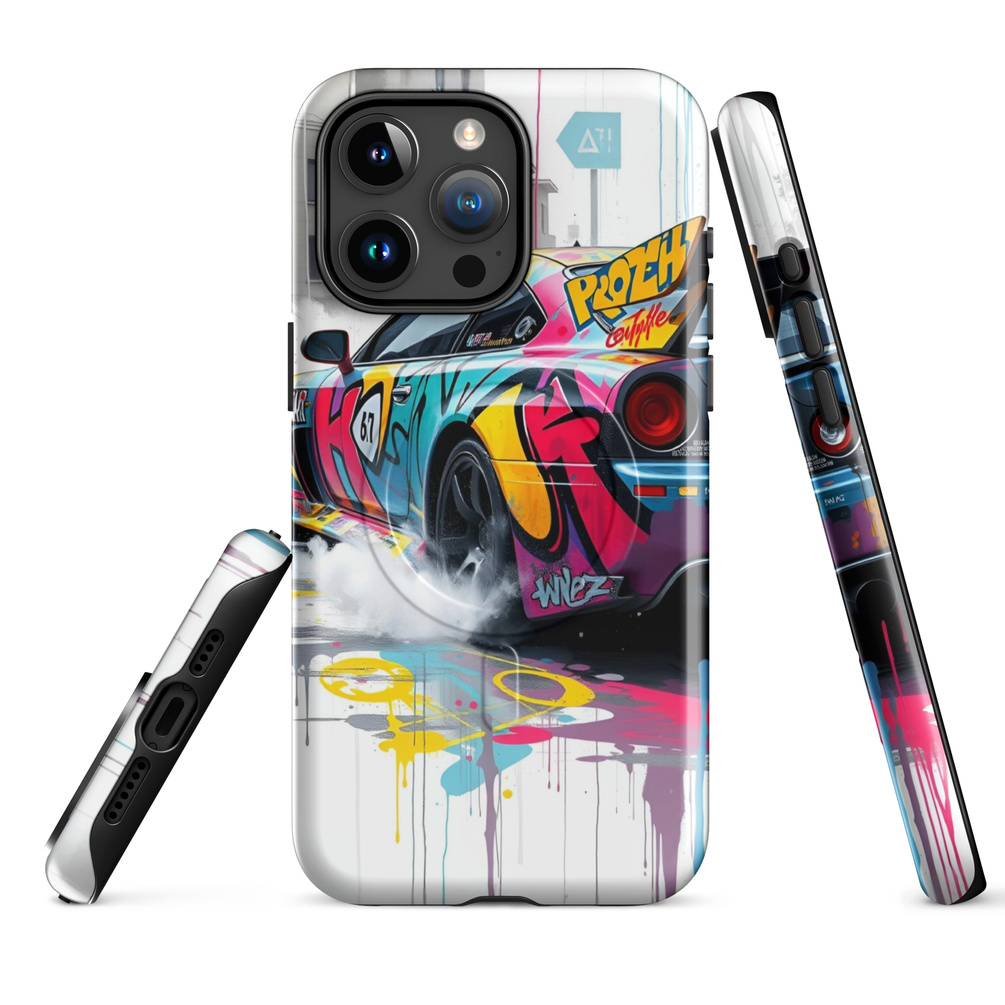 Coque iPhone MagSafe Graffiti Voiture Sport TechNova - Design street art racing avec couleurs néon