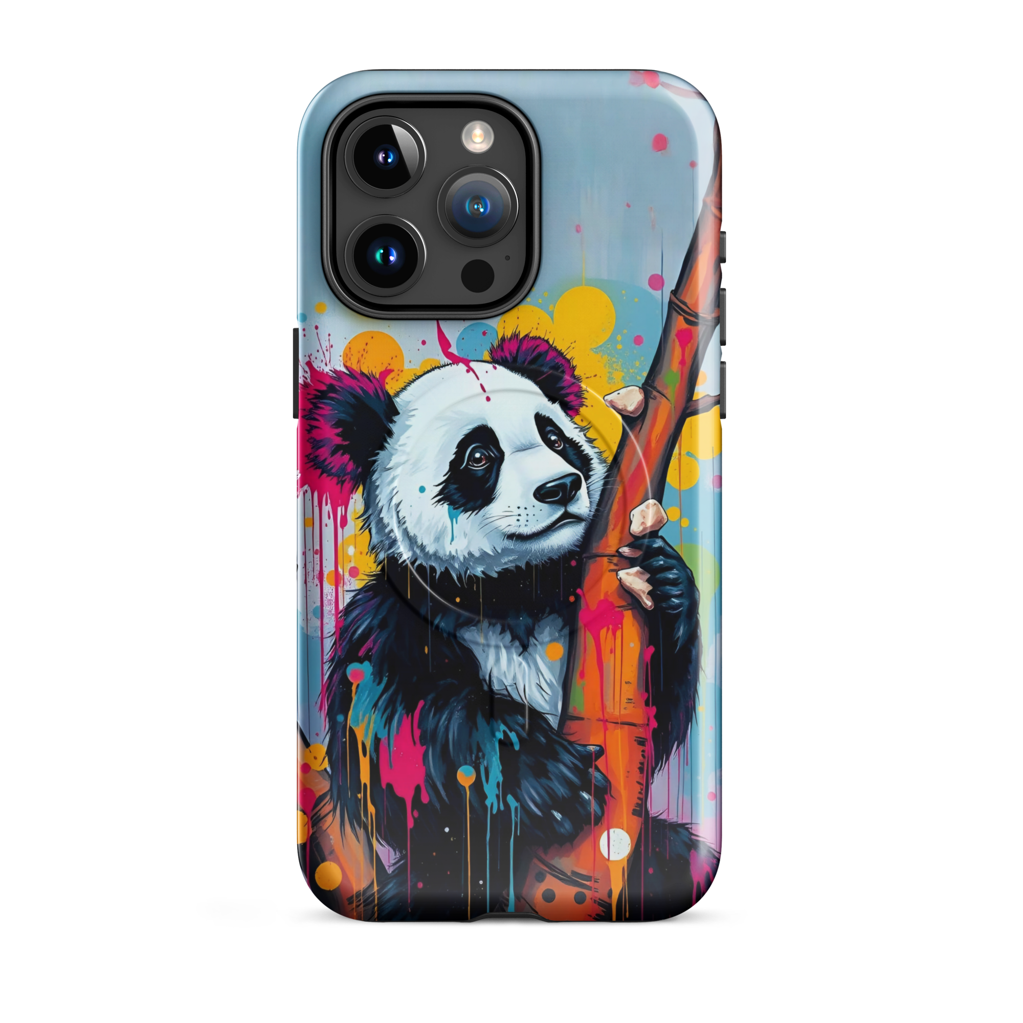 Coque iPhone MagSafe graffiti panda street art TechNova avec coulures roses oranges bleues protection premium