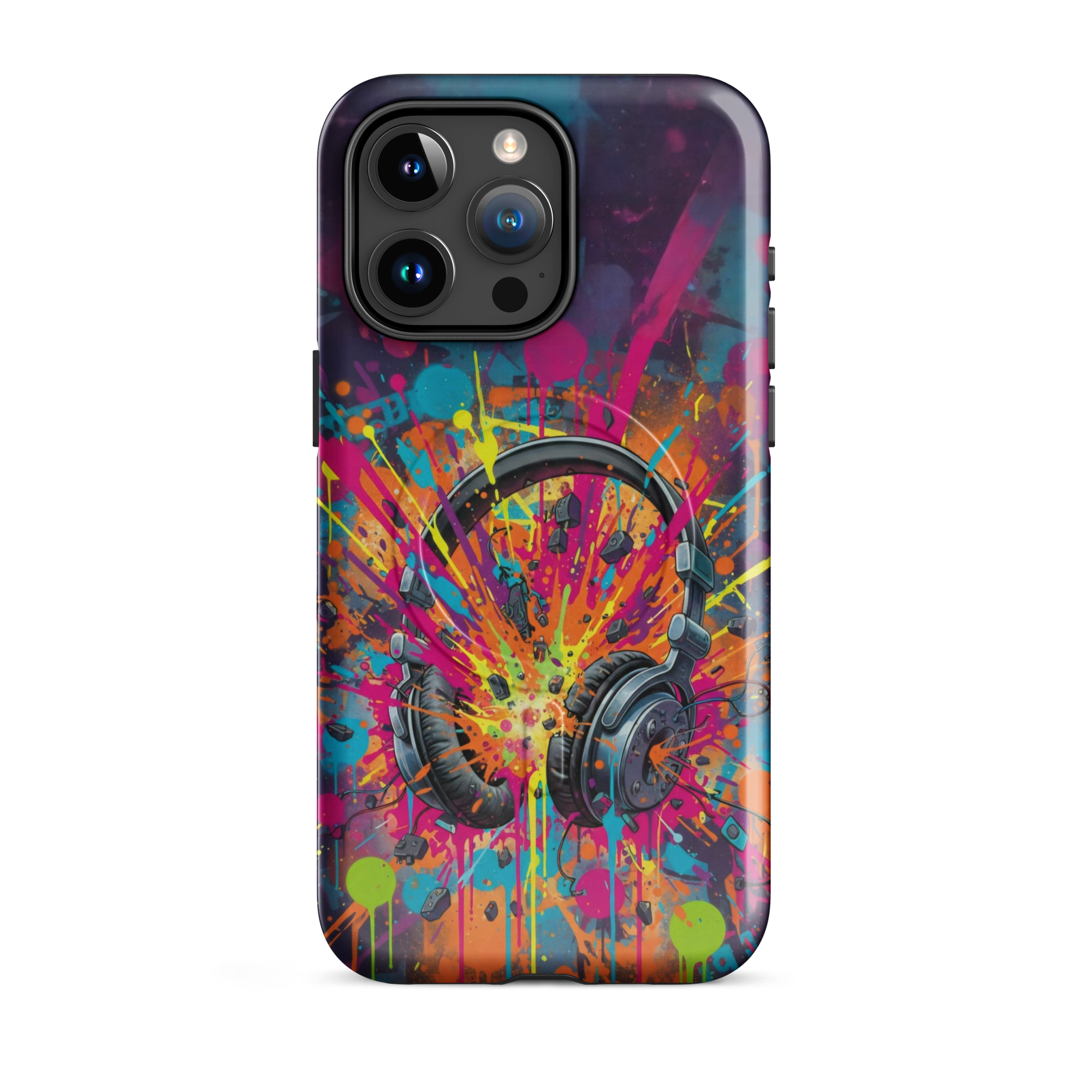 Coque iPhone MagSafe graffiti casque audio vintage explosion couleurs néon TechNova street art urbain protection premium