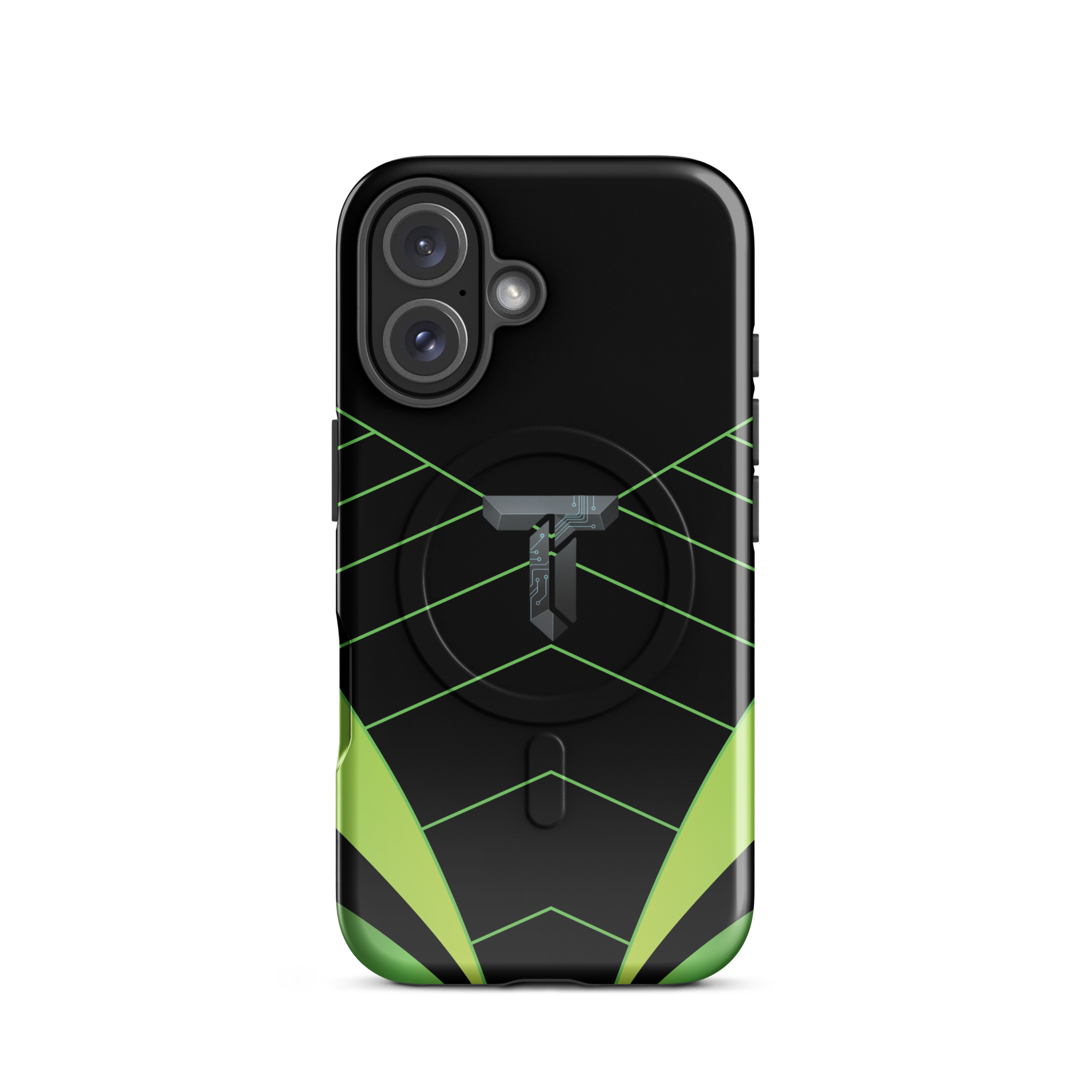 Coque iPhone MagSafe noire et verte motif géométrique protection renforcée