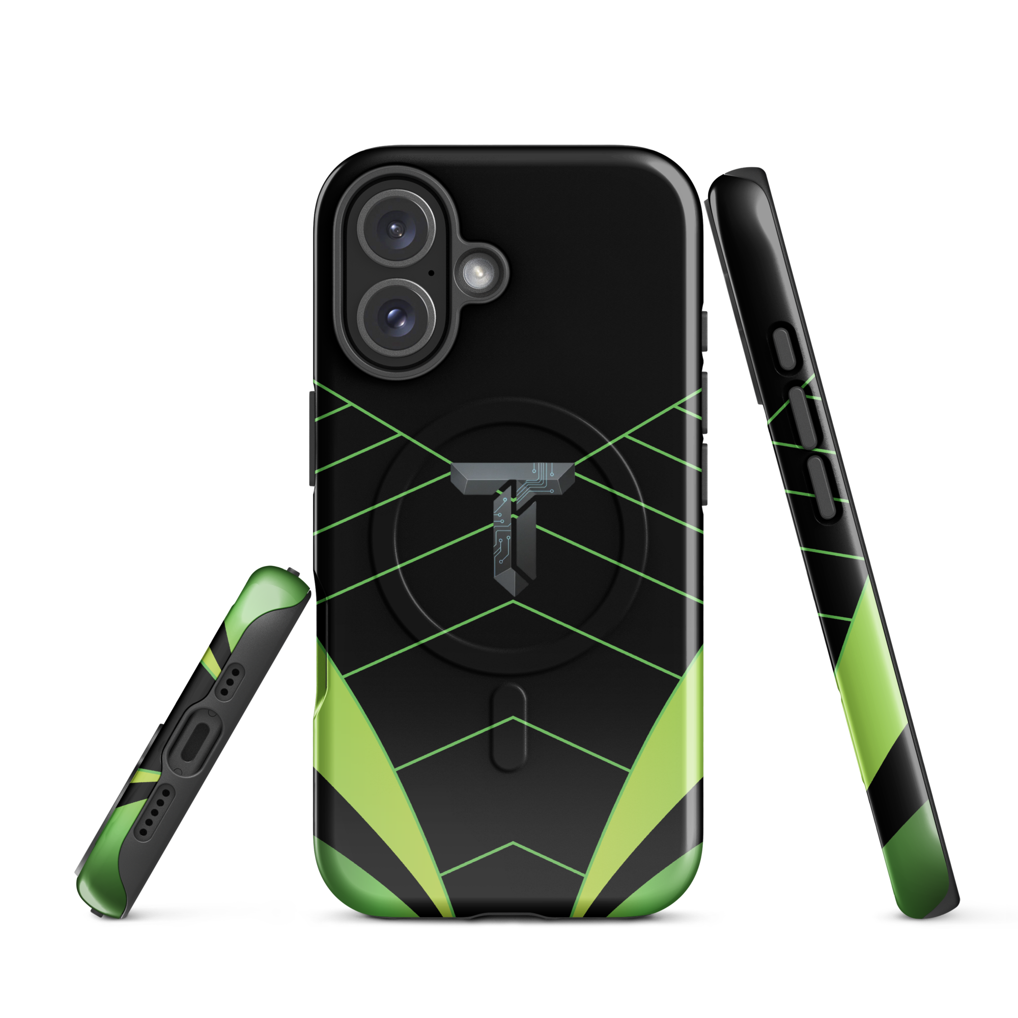 Coque iPhone MagSafe noire et verte motif géométrique protection renforcée