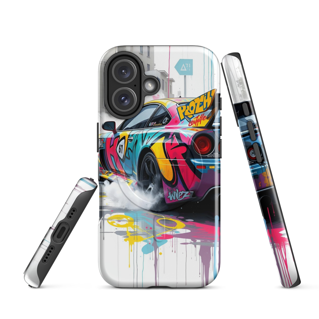Coque iPhone MagSafe Graffiti Voiture Sport TechNova - Design street art racing avec couleurs néon