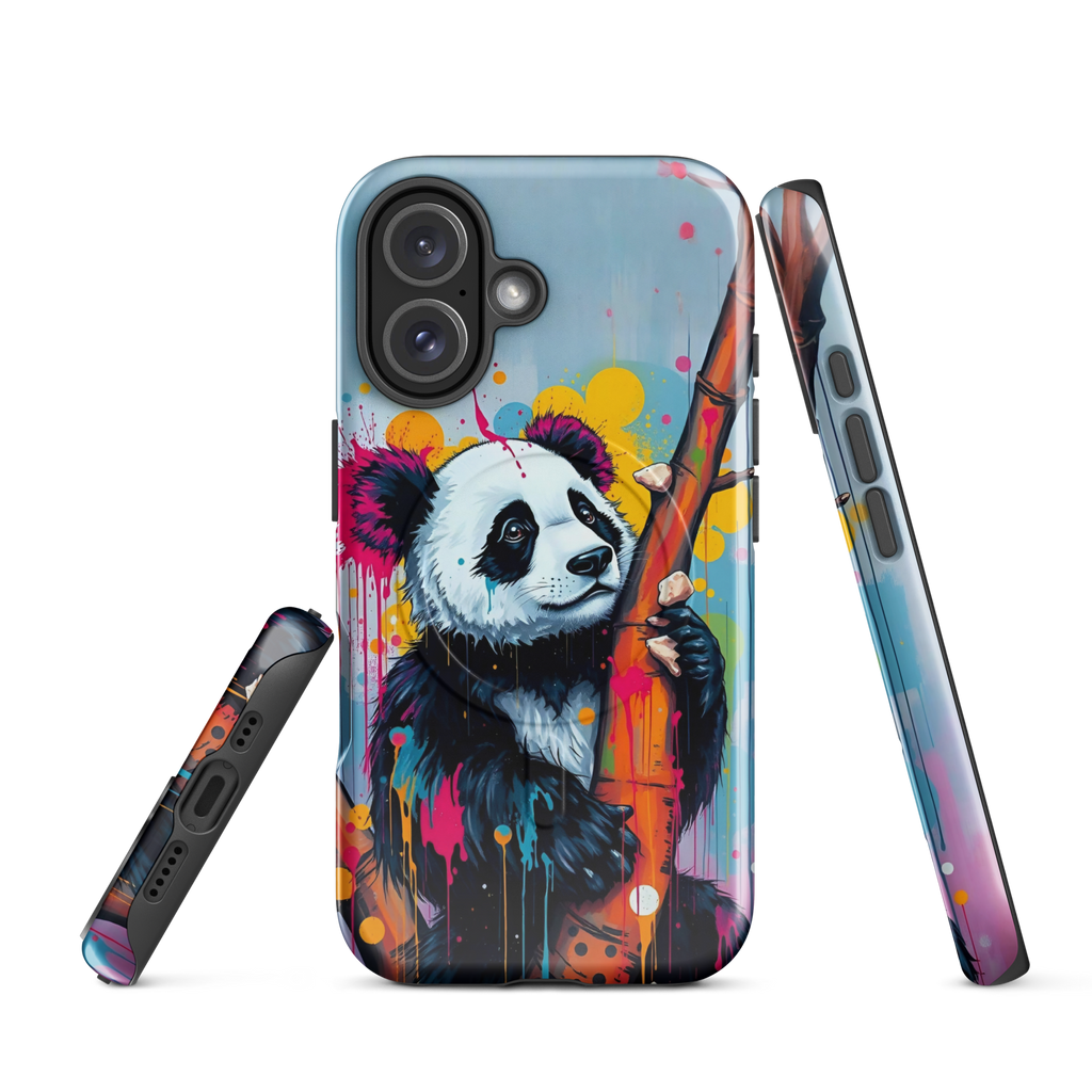 Coque iPhone MagSafe graffiti panda street art TechNova avec coulures roses oranges bleues protection premium
