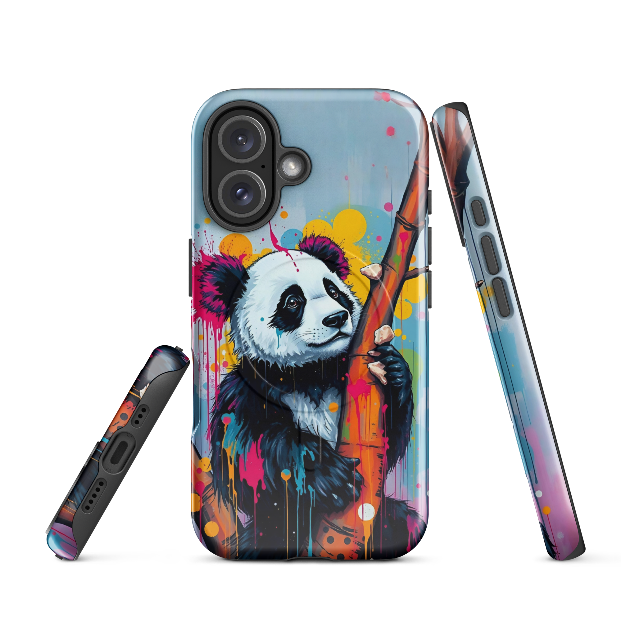 Coque iPhone MagSafe graffiti panda street art TechNova avec coulures roses oranges bleues protection premium