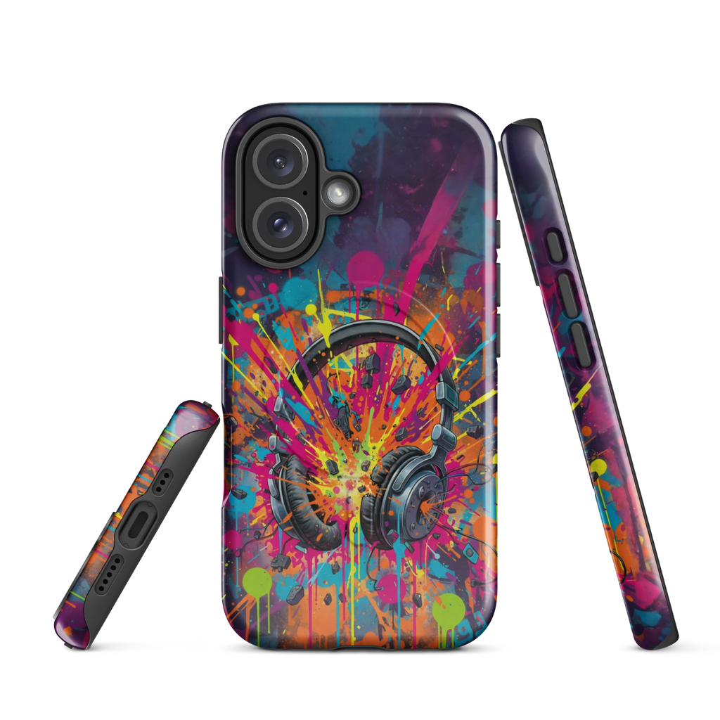 Coque iPhone MagSafe graffiti casque audio vintage explosion couleurs néon TechNova street art urbain protection premium