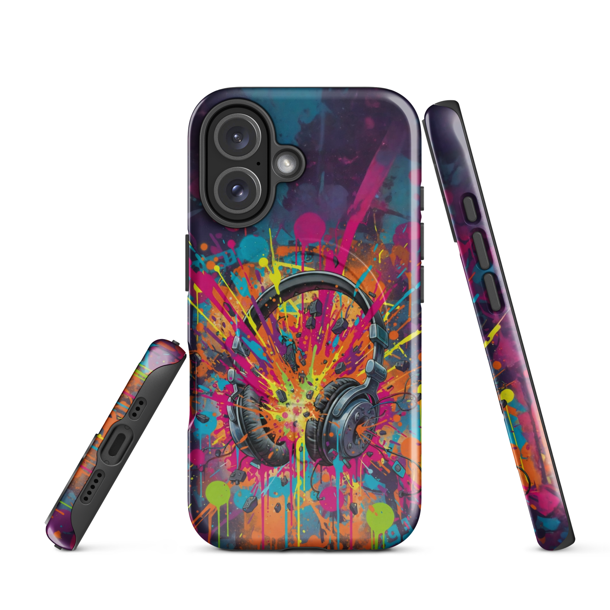 Coque iPhone MagSafe graffiti casque audio vintage explosion couleurs néon TechNova street art urbain protection premium