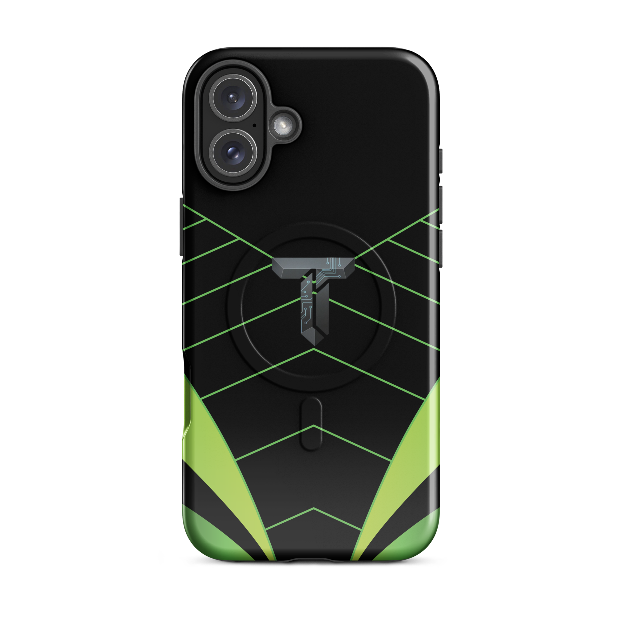 Coque iPhone MagSafe noire et verte motif géométrique protection renforcée