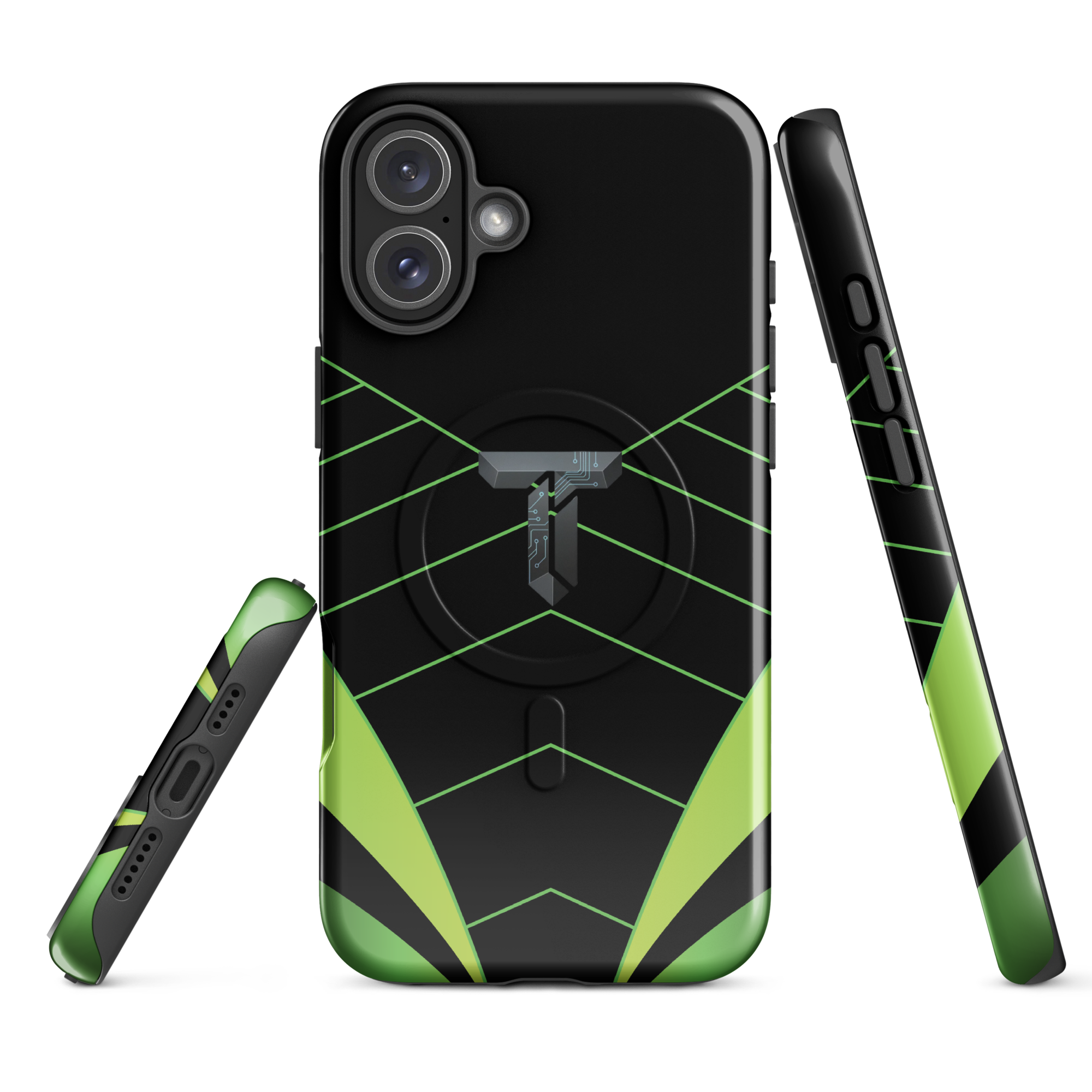 Coque iPhone MagSafe noire et verte motif géométrique protection renforcée