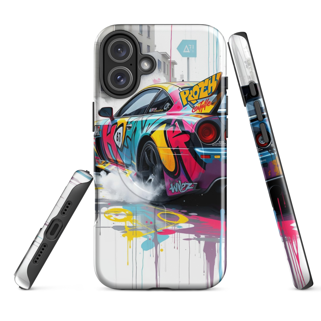 Coque iPhone MagSafe Graffiti Voiture Sport TechNova - Design street art racing avec couleurs néon