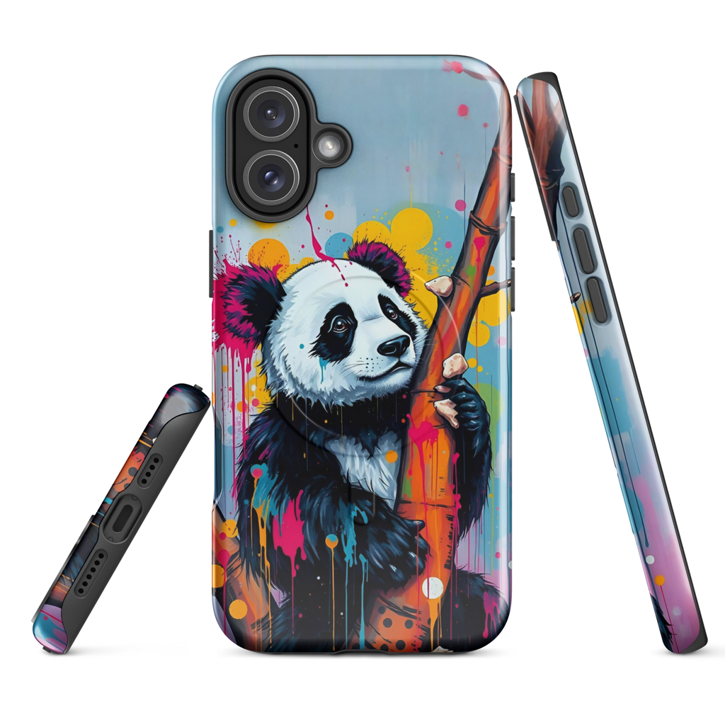 Coque iPhone MagSafe graffiti panda street art TechNova avec coulures roses oranges bleues protection premium