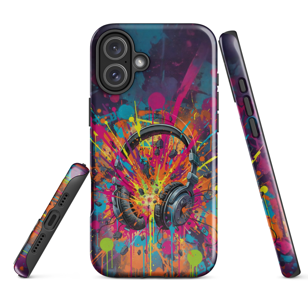 Coque iPhone MagSafe graffiti casque audio vintage explosion couleurs néon TechNova street art urbain protection premium