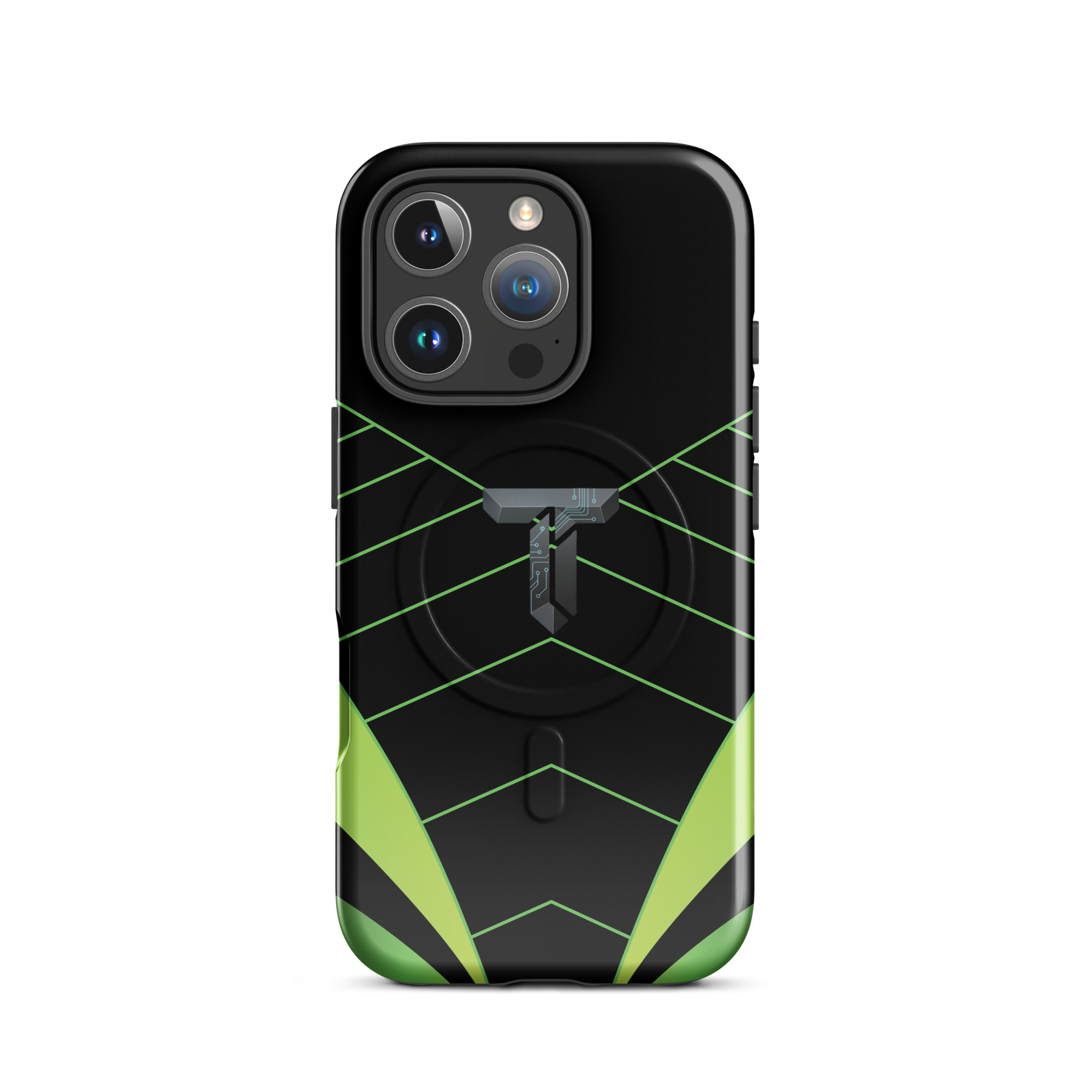 Coque iPhone MagSafe noire et verte motif géométrique protection renforcée