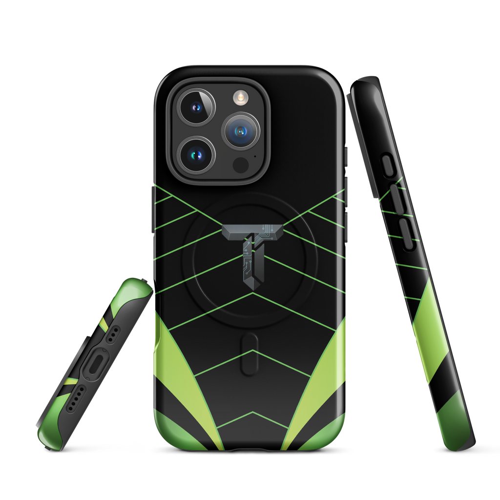 Coque iPhone MagSafe noire et verte motif géométrique protection renforcée