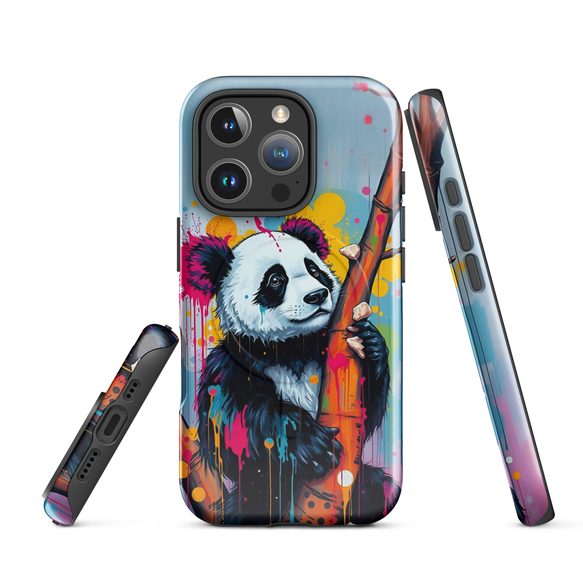 Coque iPhone MagSafe graffiti panda street art TechNova avec coulures roses oranges bleues protection premium
