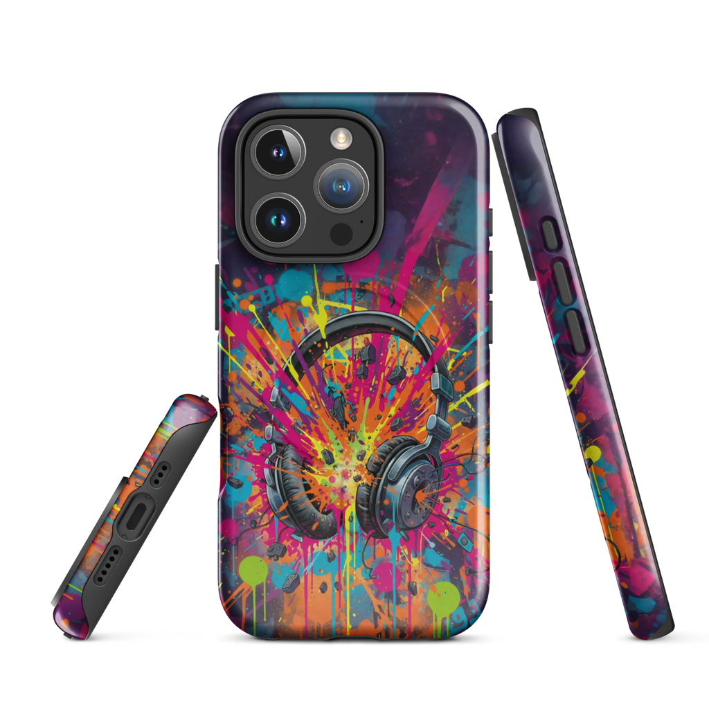 Coque iPhone MagSafe graffiti casque audio vintage explosion couleurs néon TechNova street art urbain protection premium