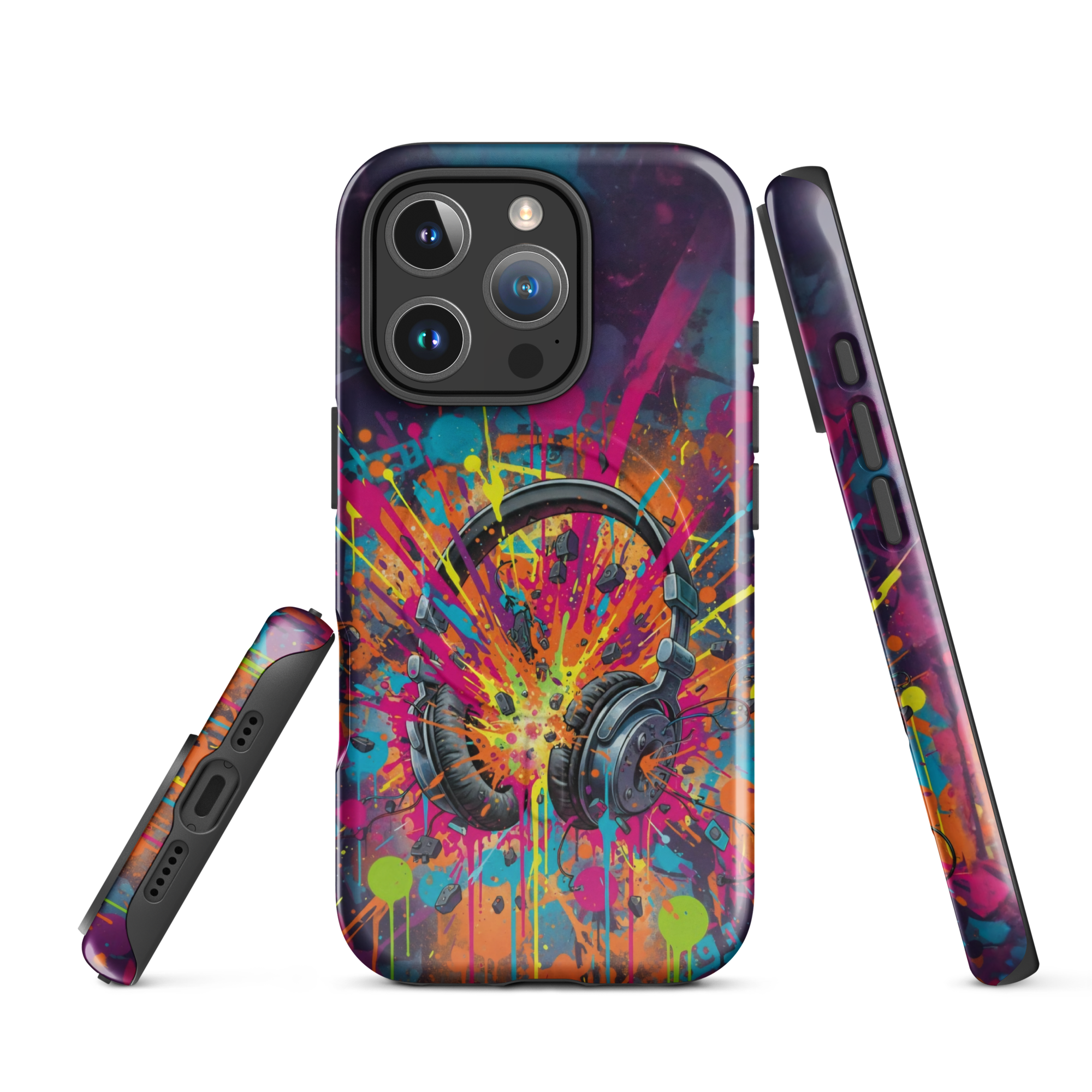 Coque iPhone MagSafe graffiti casque audio vintage explosion couleurs néon TechNova street art urbain protection premium