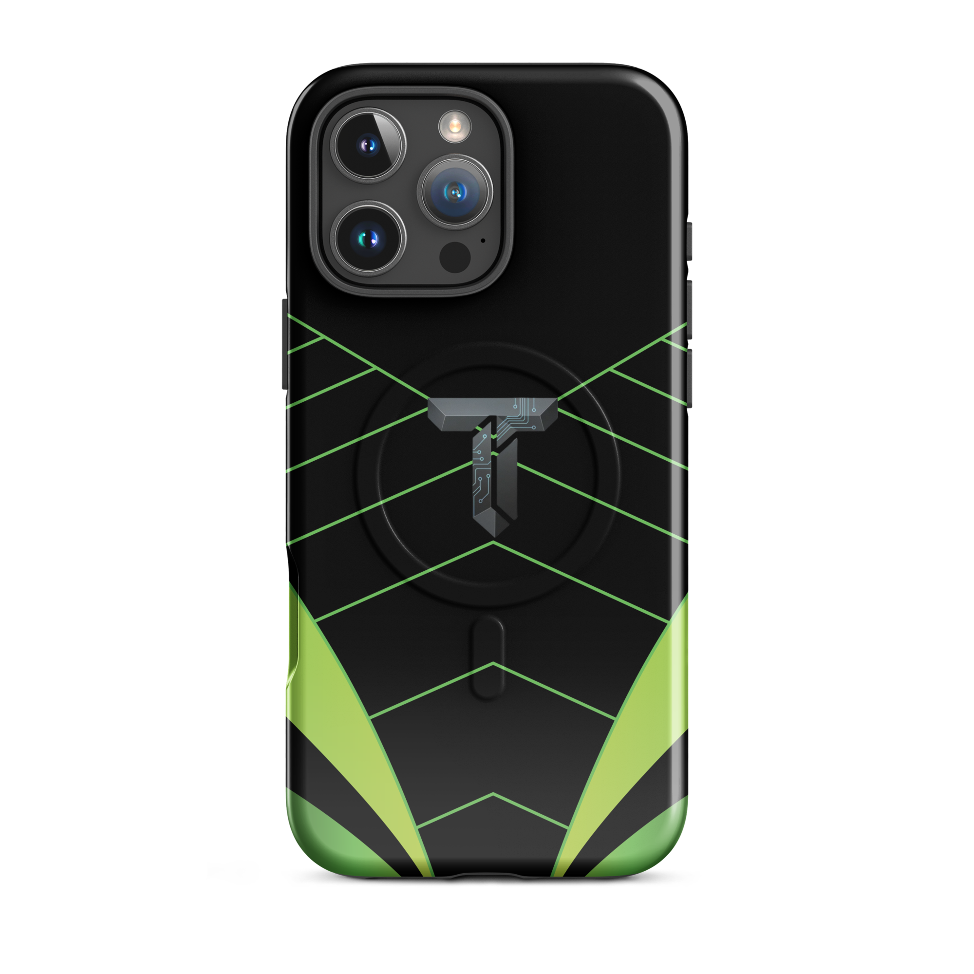 Coque iPhone MagSafe noire et verte motif géométrique protection renforcée