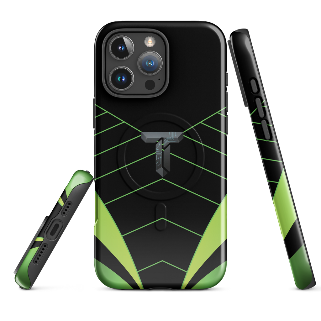 Coque iPhone MagSafe noire et verte motif géométrique protection renforcée