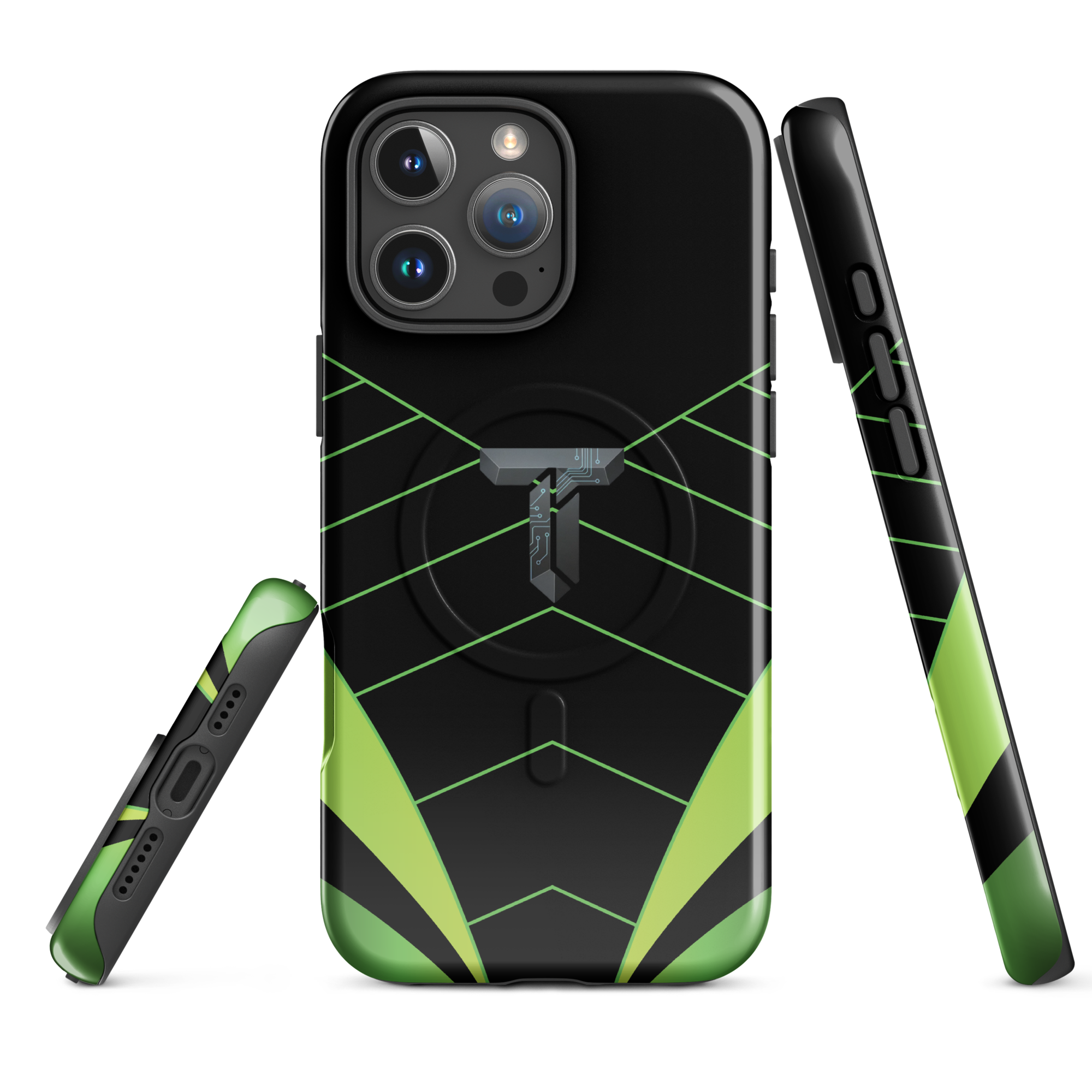 Coque iPhone MagSafe noire et verte motif géométrique protection renforcée