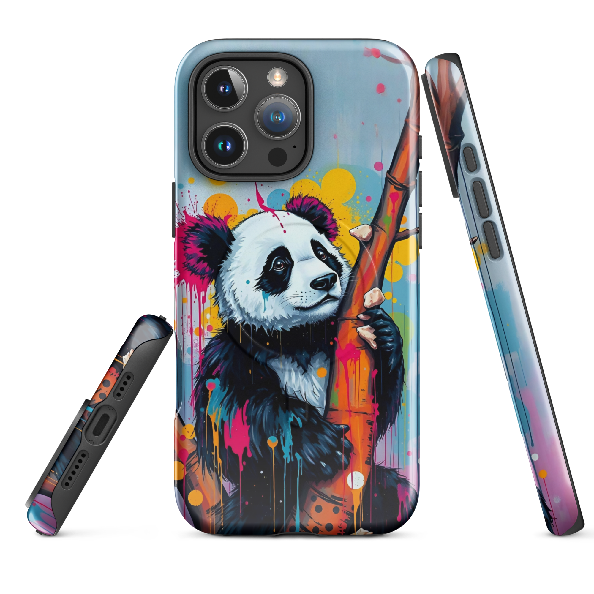 Coque iPhone MagSafe graffiti panda street art TechNova avec coulures roses oranges bleues protection premium