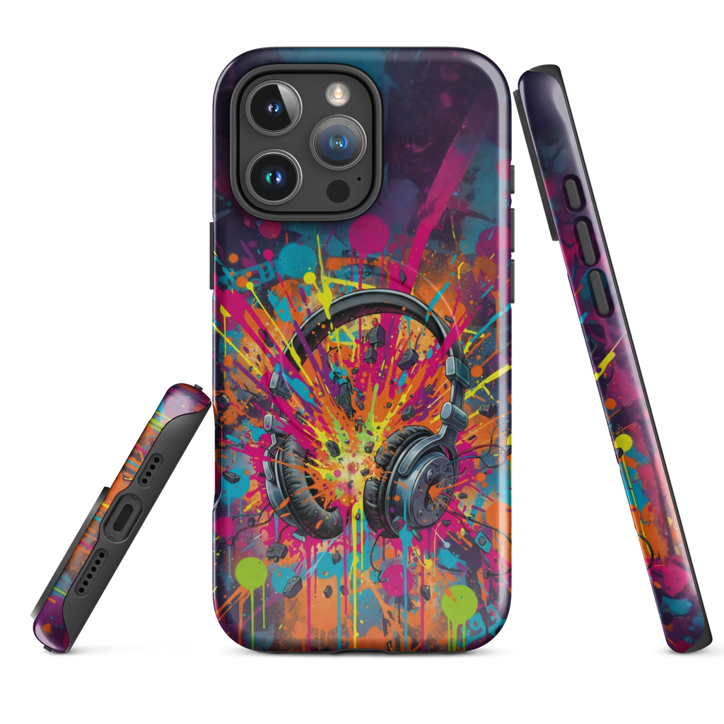 Coque iPhone MagSafe graffiti casque audio vintage explosion couleurs néon TechNova street art urbain protection premium