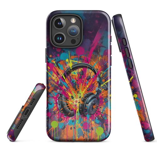 Coque iPhone MagSafe graffiti casque audio vintage explosion couleurs néon TechNova street art urbain protection premium