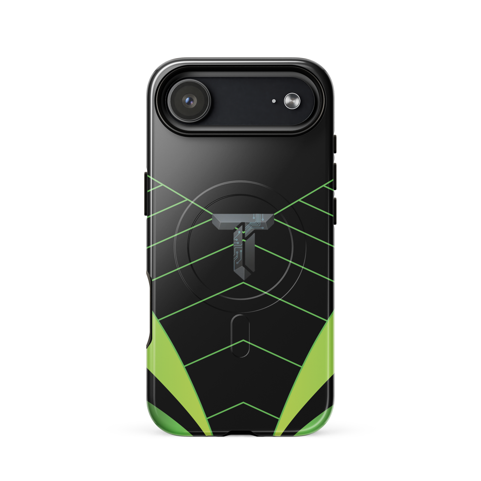 Coque iPhone MagSafe noire et verte motif géométrique protection renforcée