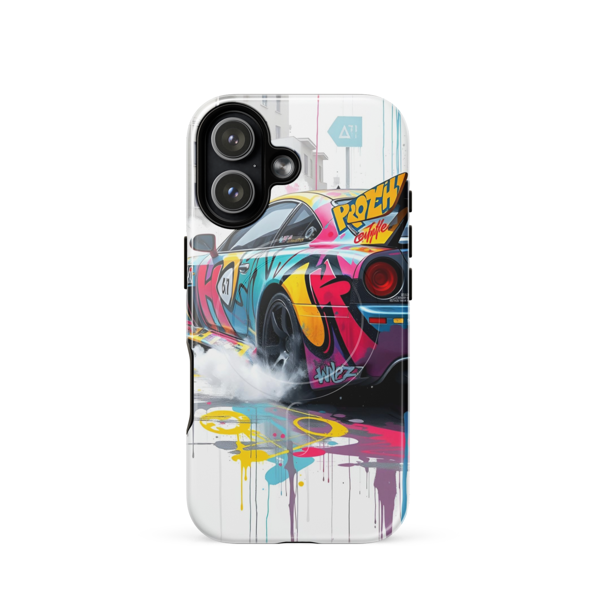 Coque iPhone MagSafe Graffiti Voiture Sport TechNova - Design street art racing avec couleurs néon mockup