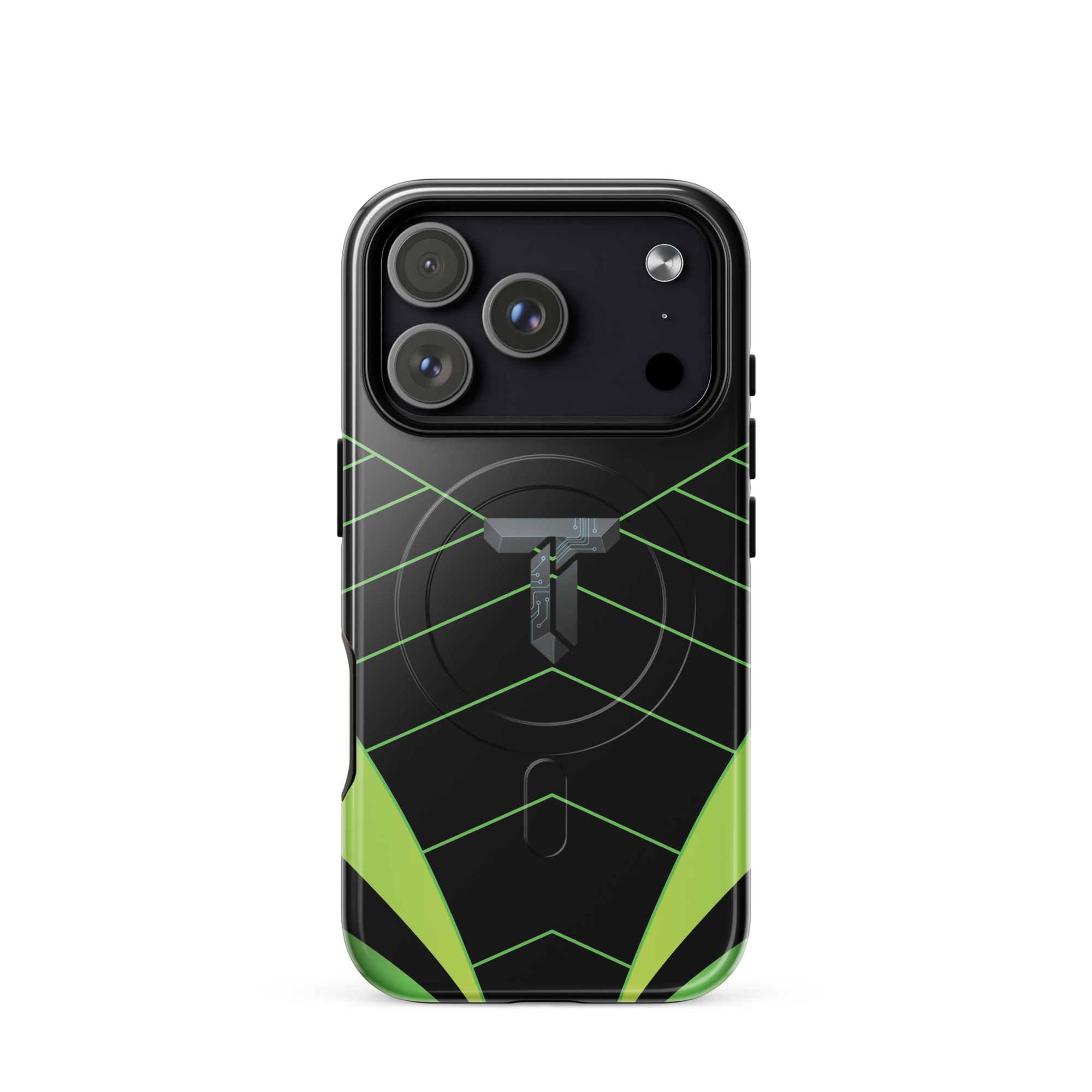 Coque iPhone MagSafe noire et verte motif géométrique protection renforcée