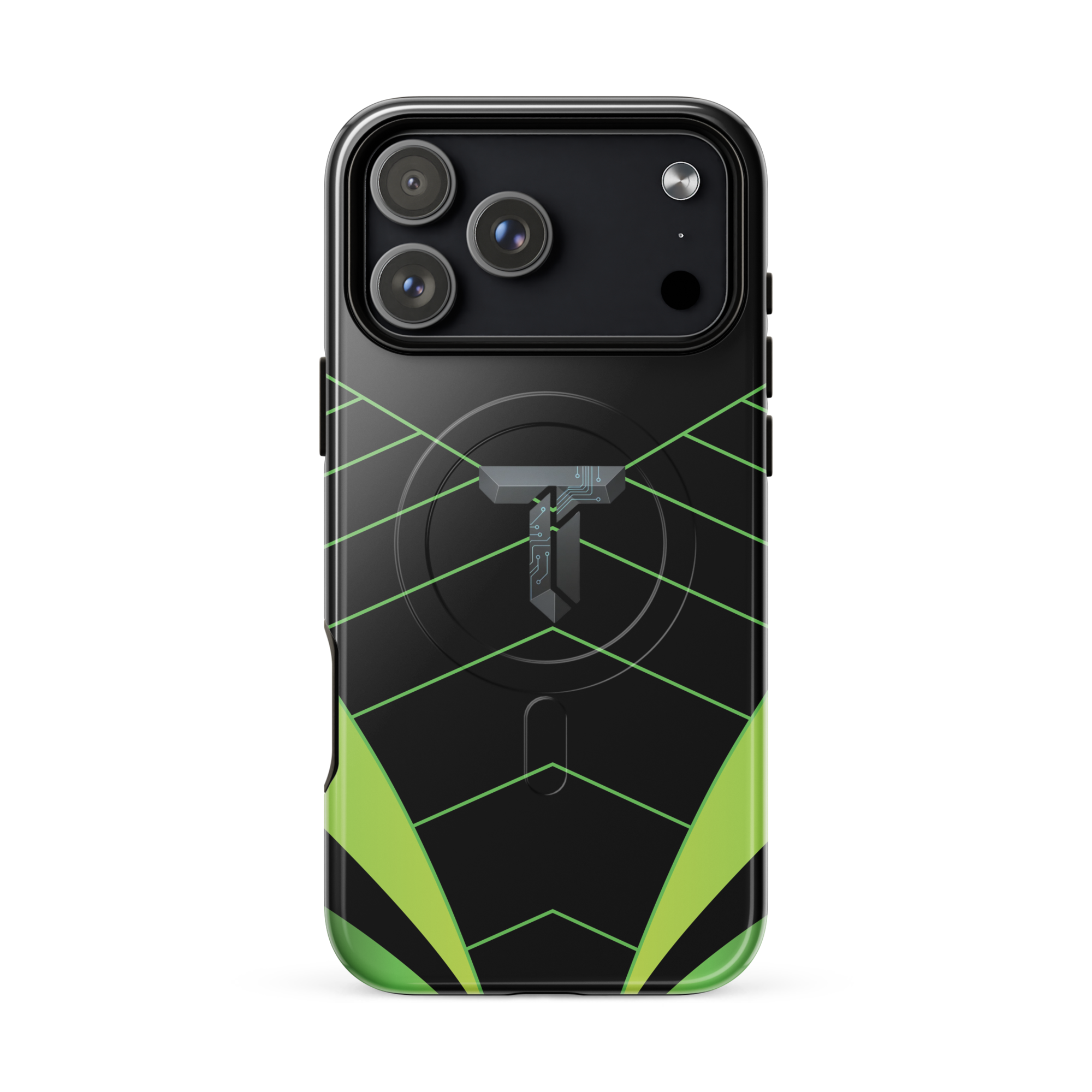 Coque iPhone MagSafe noire et verte motif géométrique protection renforcée