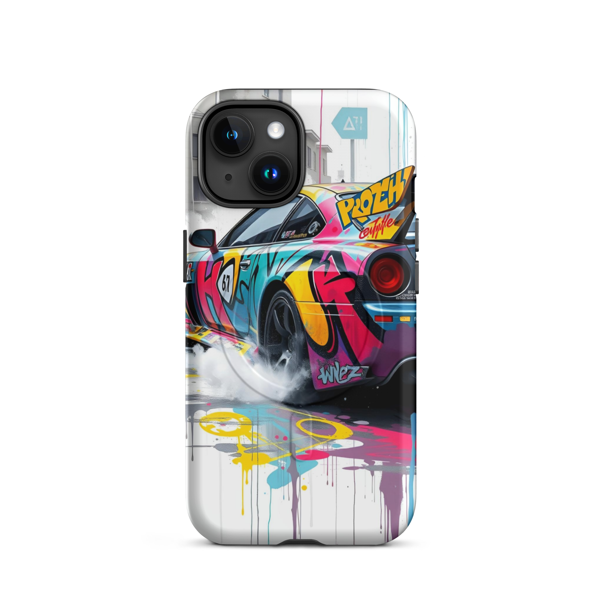 Coque iPhone MagSafe Graffiti Voiture Sport TechNova - Design street art racing avec couleurs néon mockup