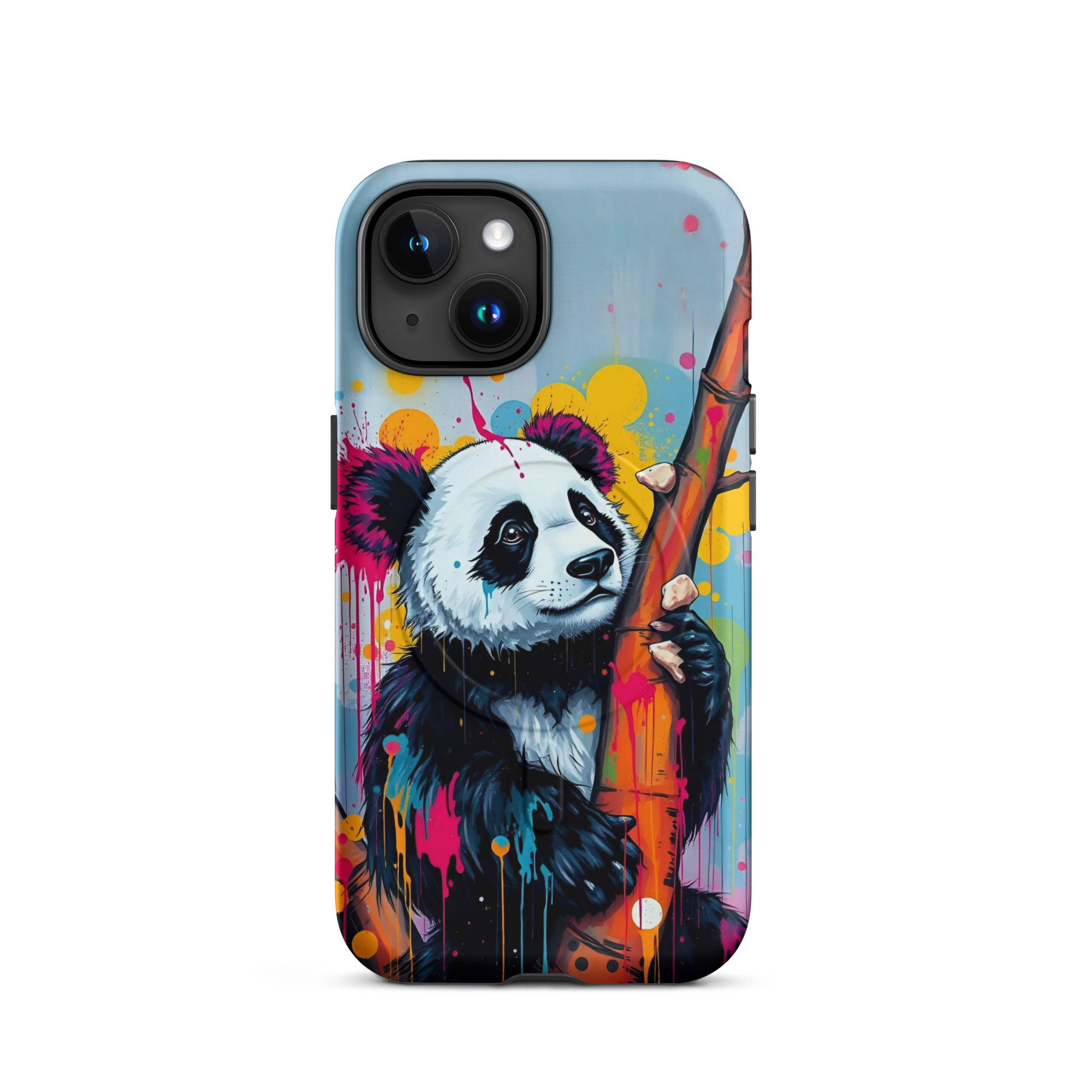 Coque iPhone MagSafe graffiti panda street art TechNova avec coulures roses oranges bleues protection premium