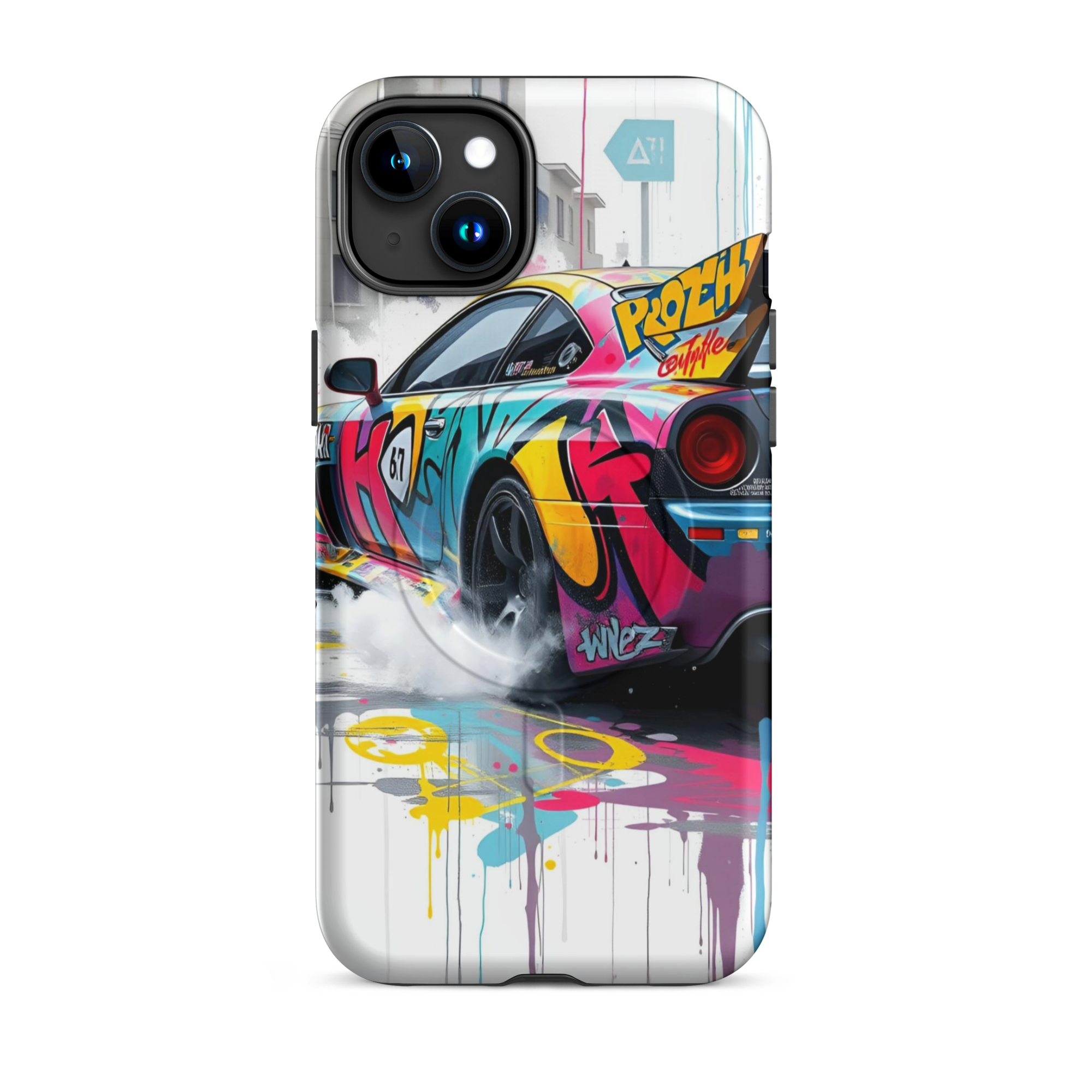 Coque iPhone MagSafe Graffiti Voiture Sport TechNova - Design street art racing avec couleurs néon mockup