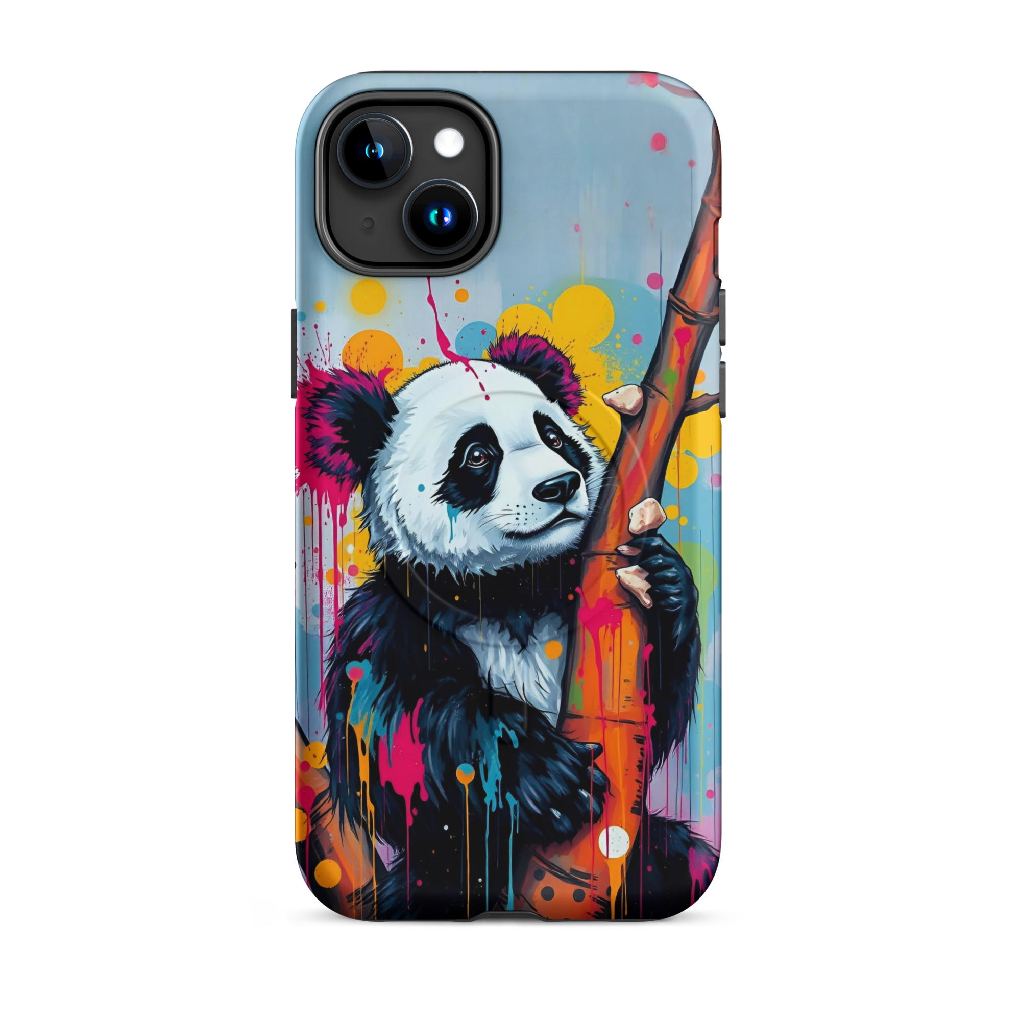 Coque iPhone MagSafe graffiti panda street art TechNova avec coulures roses oranges bleues protection premium