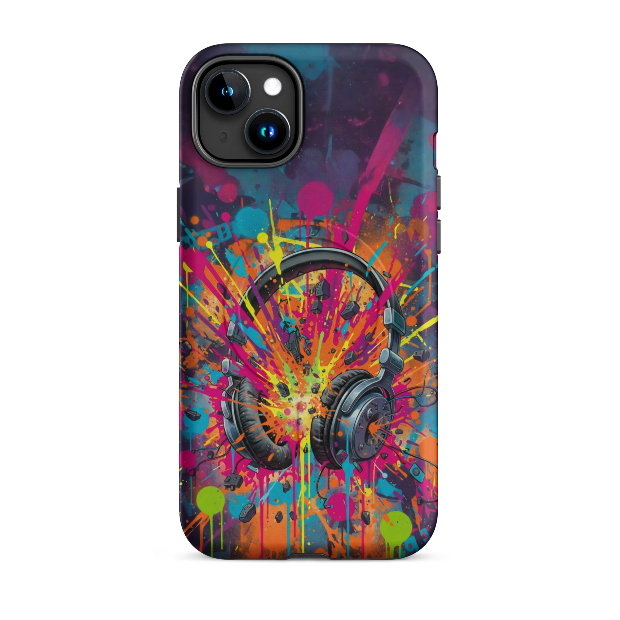Coque iPhone MagSafe graffiti casque audio vintage explosion couleurs néon TechNova street art urbain protection premium