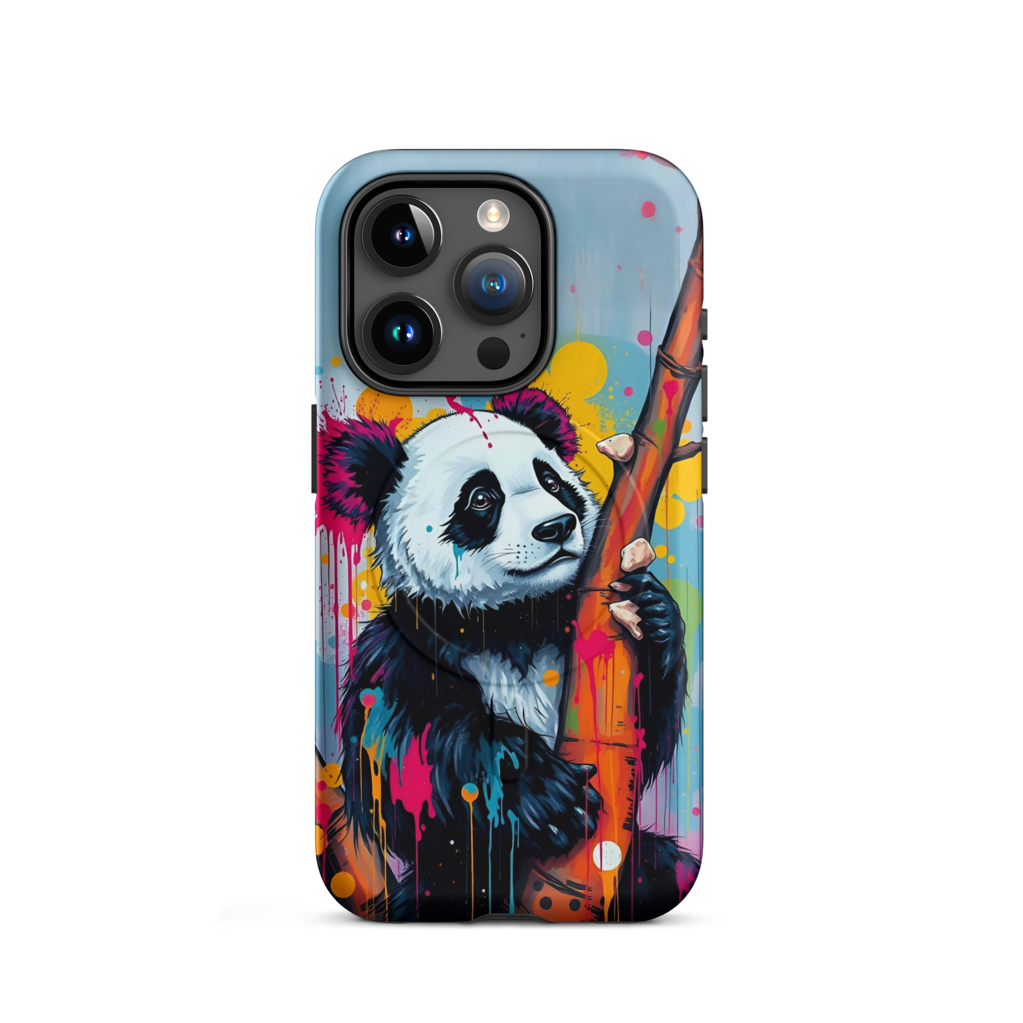 Coque iPhone MagSafe graffiti panda street art TechNova avec coulures roses oranges bleues protection premium