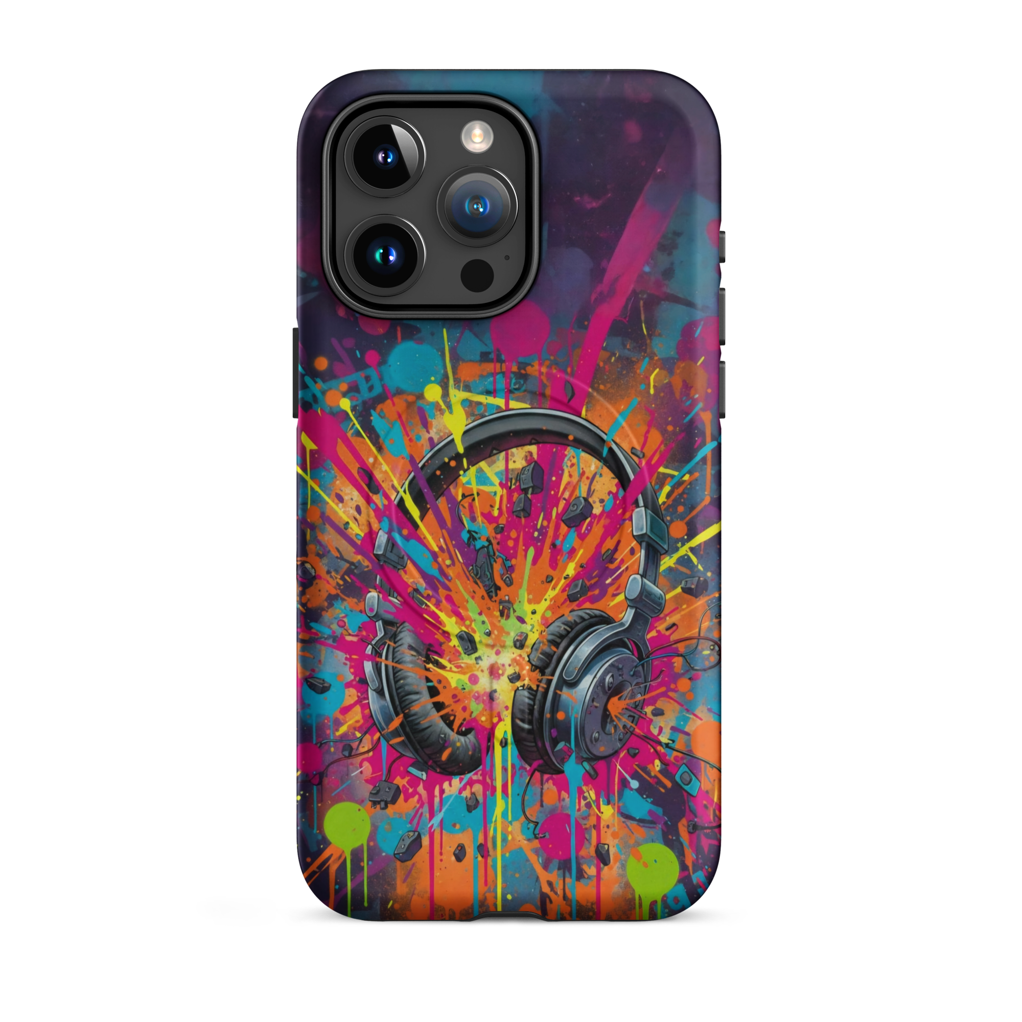 Coque iPhone MagSafe graffiti casque audio vintage explosion couleurs néon TechNova street art urbain protection premium
