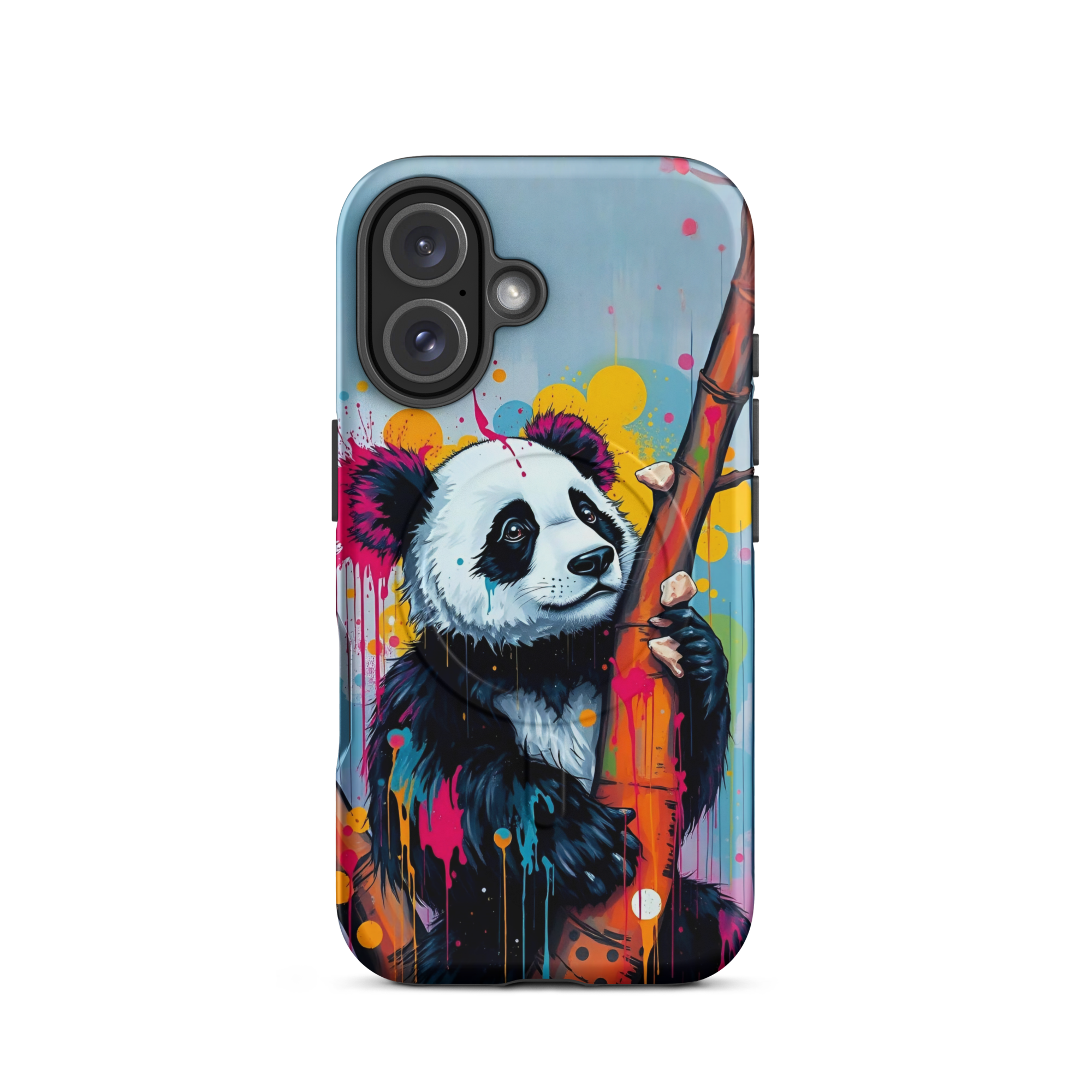 Coque iPhone MagSafe graffiti panda street art TechNova avec coulures roses oranges bleues protection premium