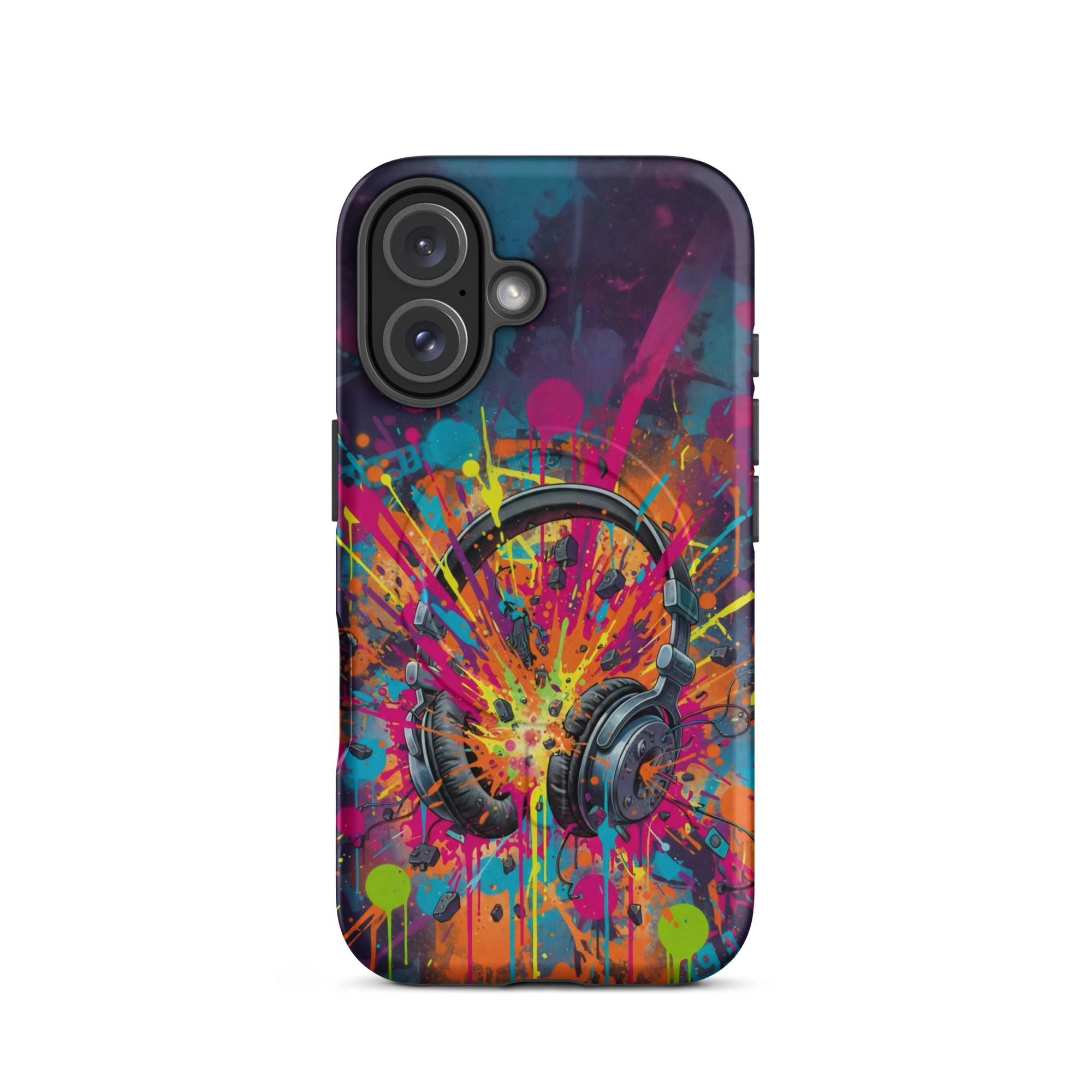 Coque iPhone MagSafe graffiti casque audio vintage explosion couleurs néon TechNova street art urbain protection premium