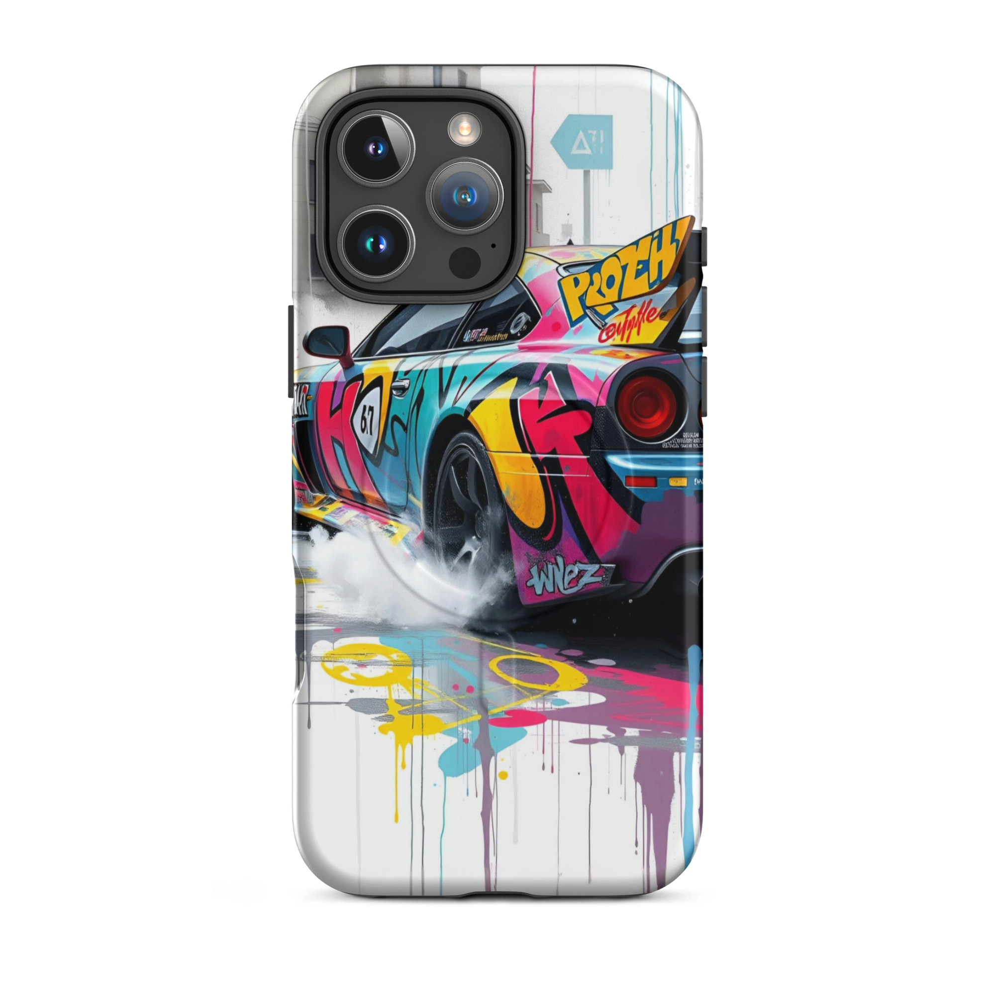 Coque iPhone MagSafe Graffiti Voiture Sport TechNova - Design street art racing avec couleurs néon mockup