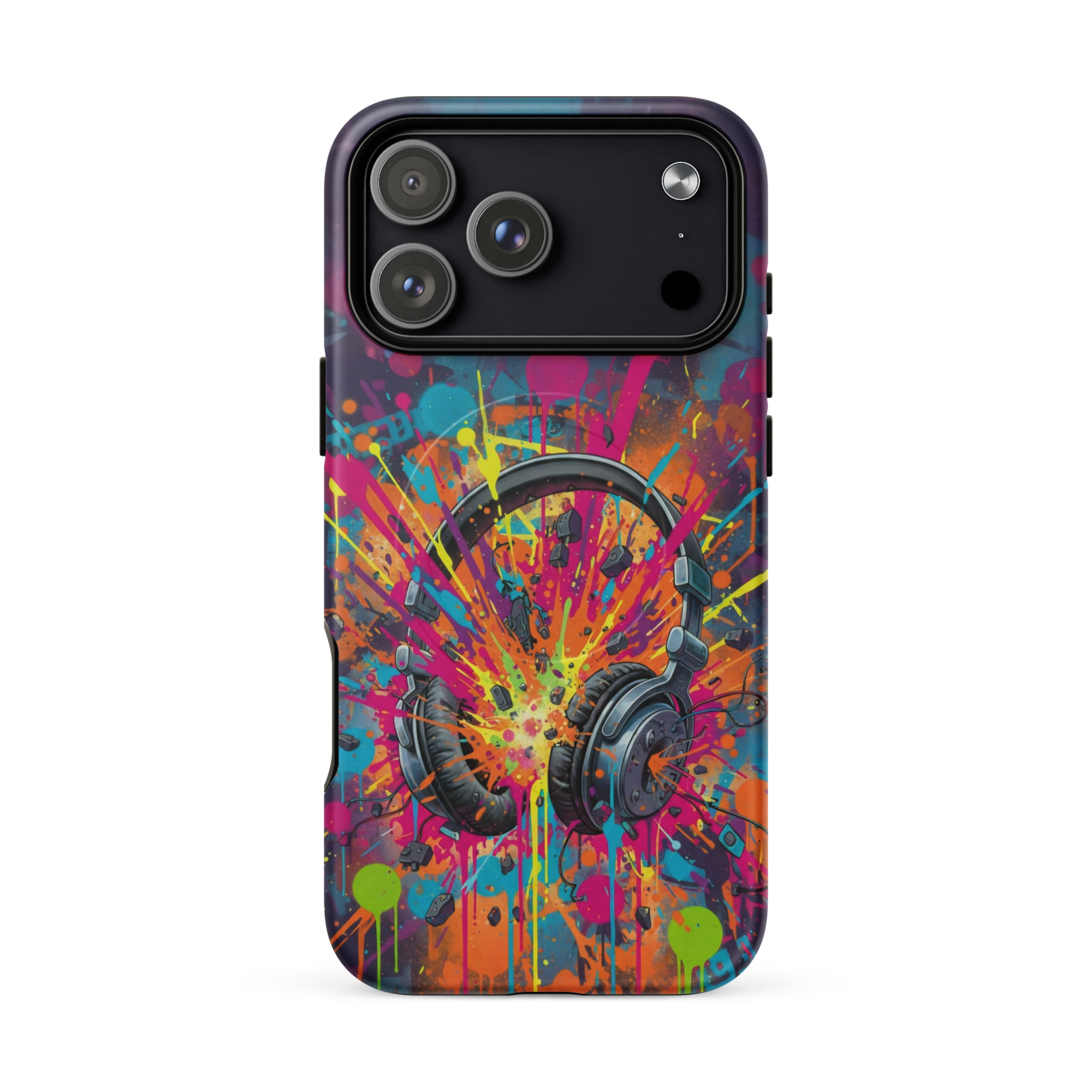 Coque iPhone MagSafe graffiti casque audio vintage explosion couleurs néon TechNova street art urbain protection premium
