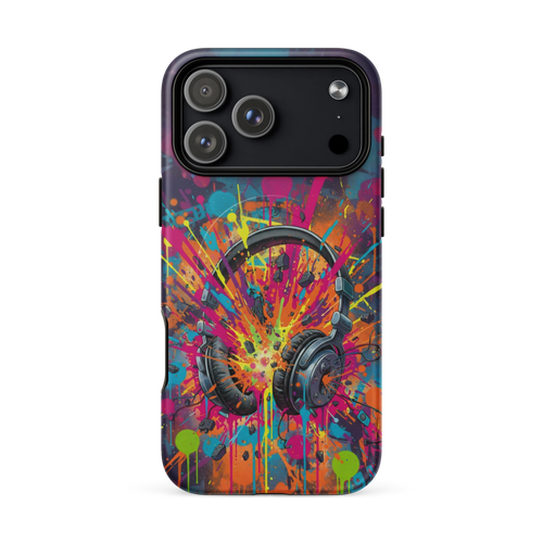 Coque iPhone MagSafe graffiti casque audio vintage explosion couleurs néon TechNova street art urbain protection premium