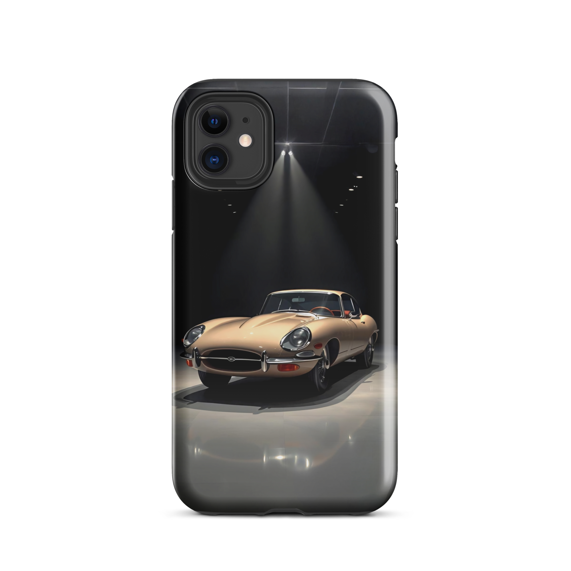 Coque iPhone rigide voiture vintage Jaguar E-Type beige TechNova finition mate protection premium automobile classique
