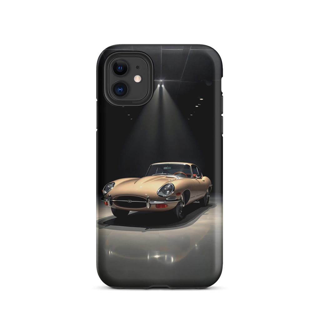 Coque iPhone rigide voiture vintage Jaguar E-Type beige TechNova finition mate protection premium automobile classique