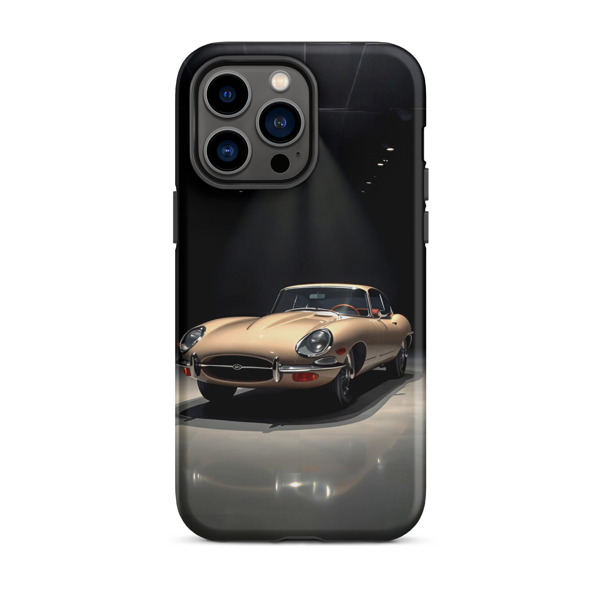 Coque iPhone rigide voiture vintage Jaguar E-Type beige TechNova finition mate protection premium automobile classique