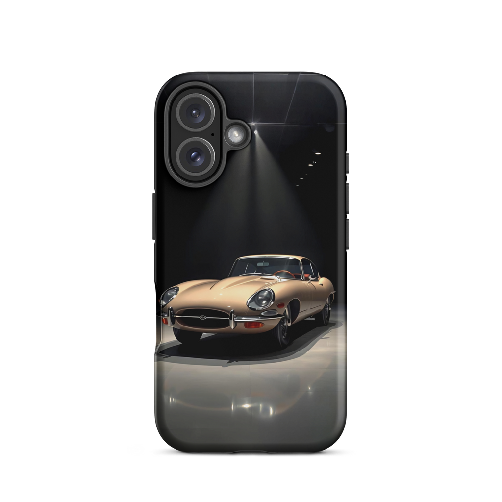 Coque iPhone rigide voiture vintage Jaguar E-Type beige TechNova finition mate protection premium automobile classique